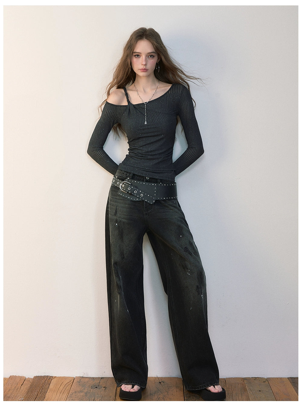 Distressed Wide-Leg Denim Pants