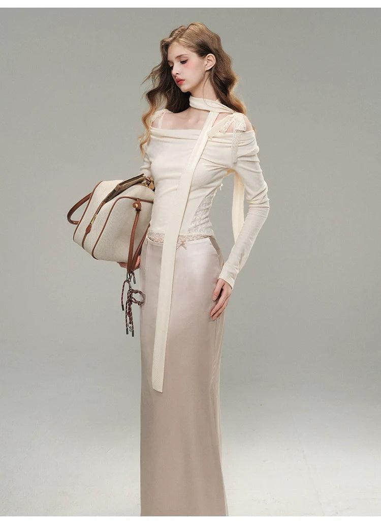 White& Black Off-Shoulder Lace Knit Crewneck