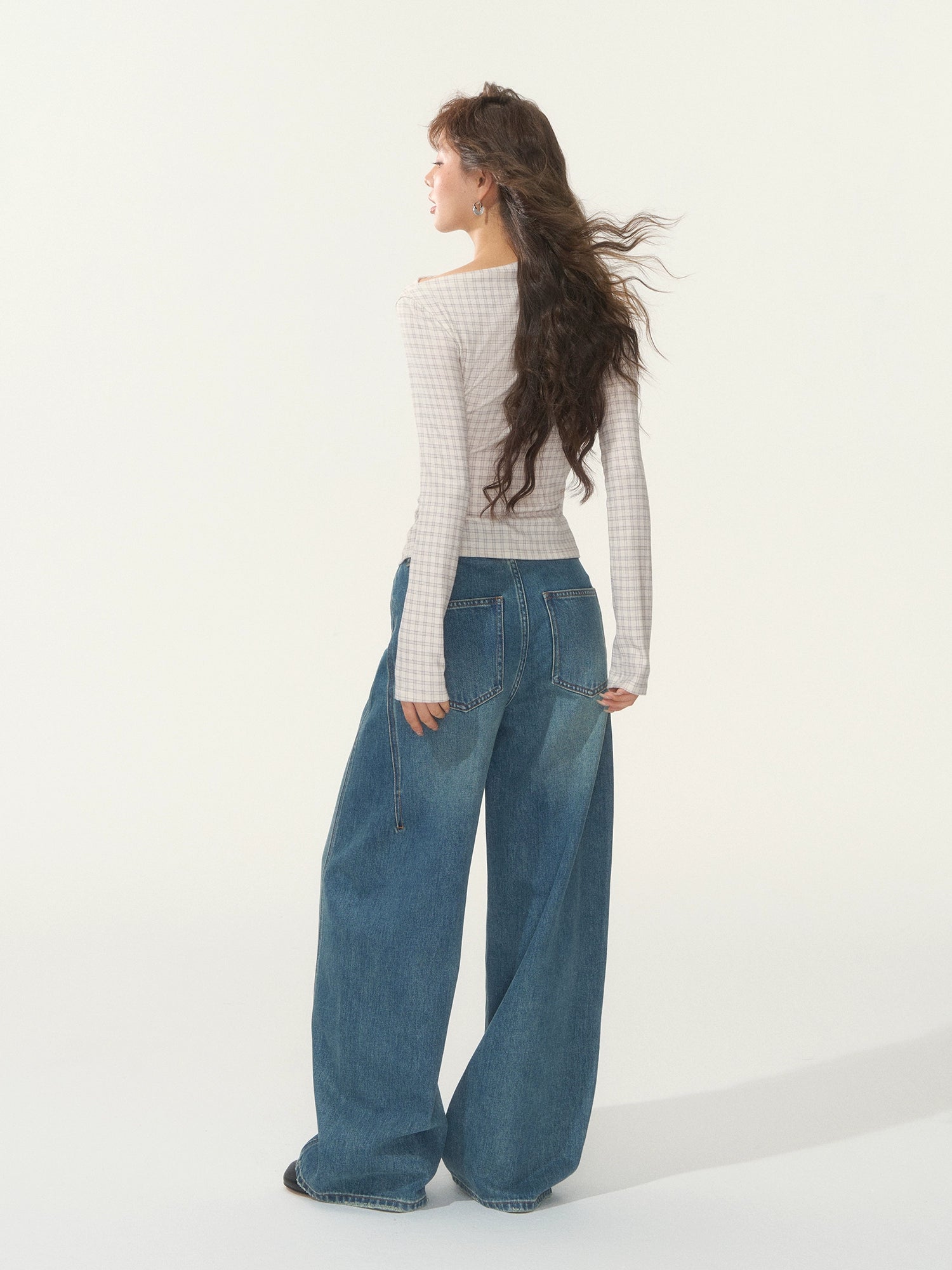 Velvet-Touch Plaid Draped Off-Shoulder Long Sleeve