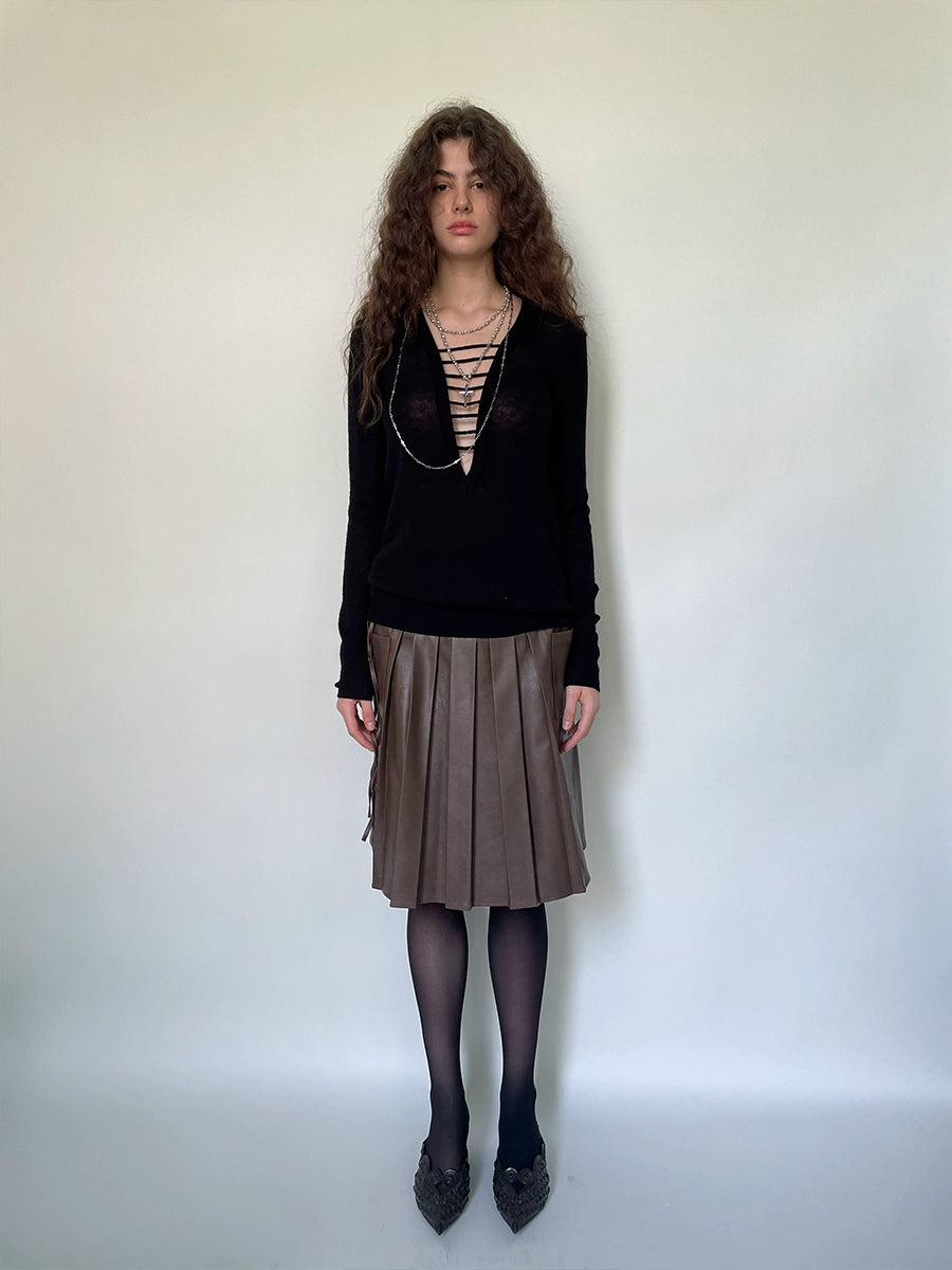 Black & Green Wool Handmade Drawstring Knit Pullover Sweater