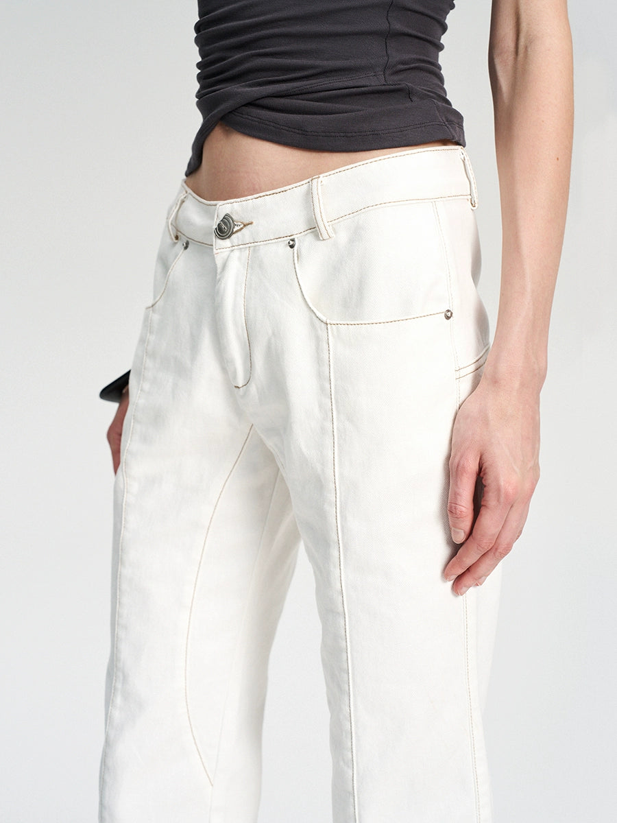 Contrast-Stitch White Cropped Jeans