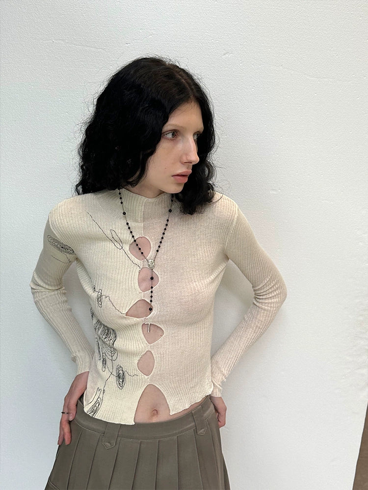 Circle Print Hollow Reversible Knit Sweater