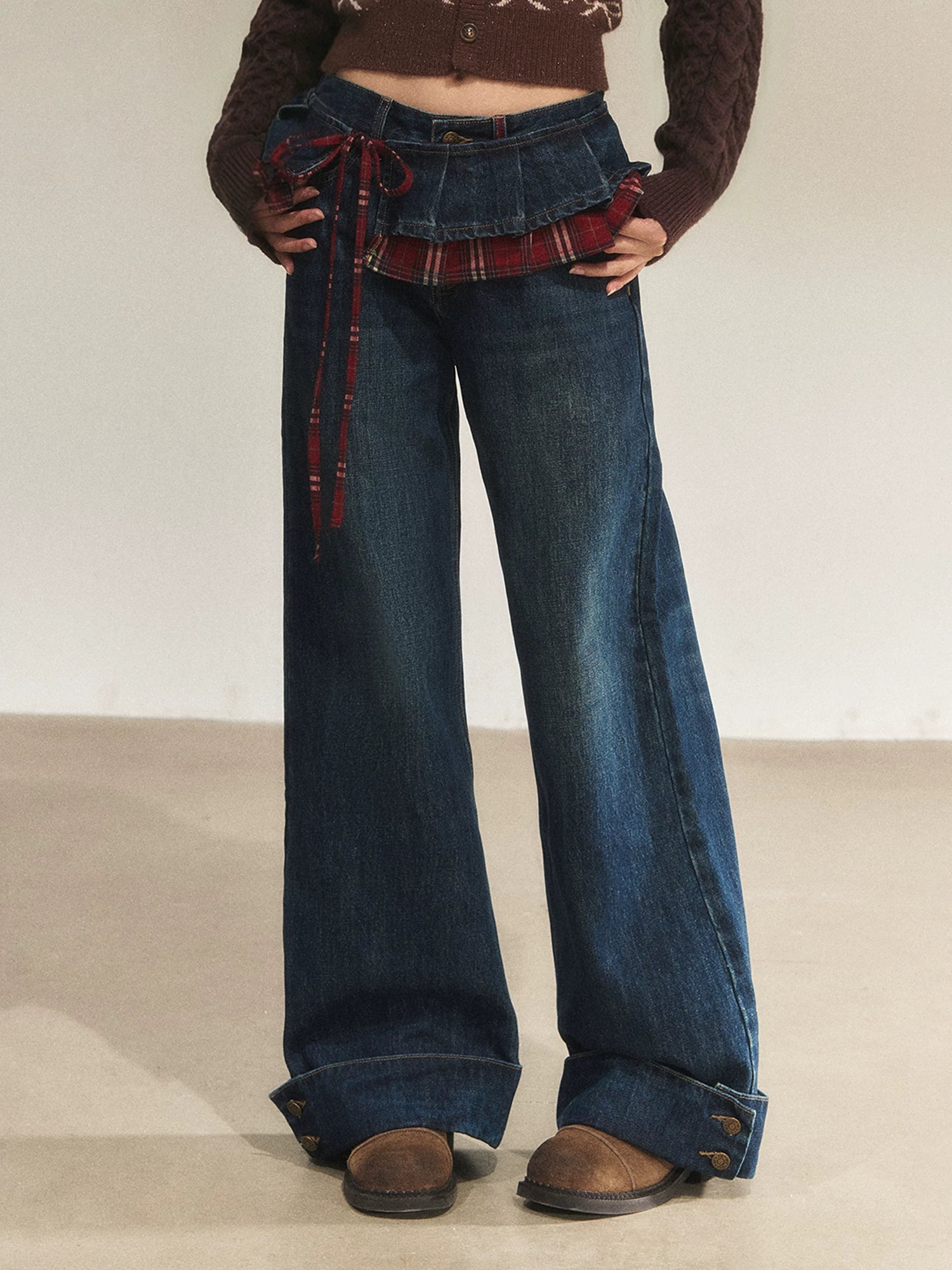 Vintage Patchwork Plaid Wide-Leg Jeans