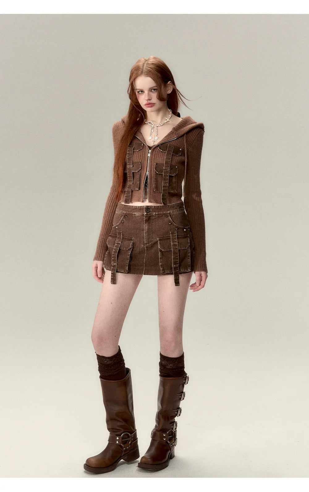 Coffee & Gray Patchwork Drawstring Cardigan