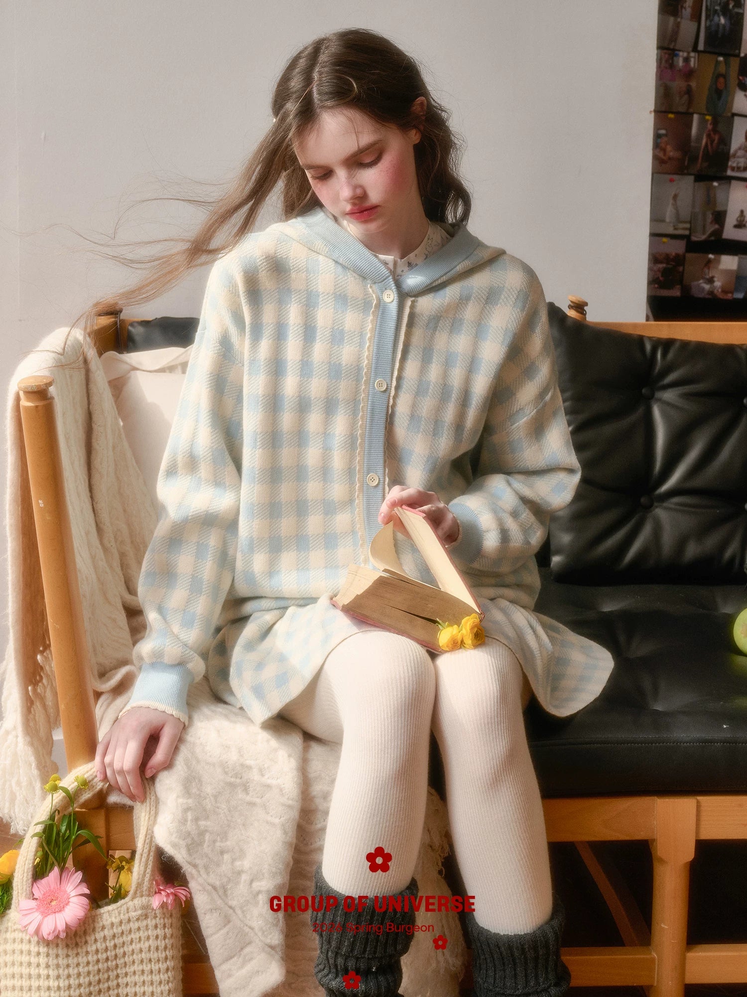 Contrast Gingham Knit Cardigan & Skirt Set