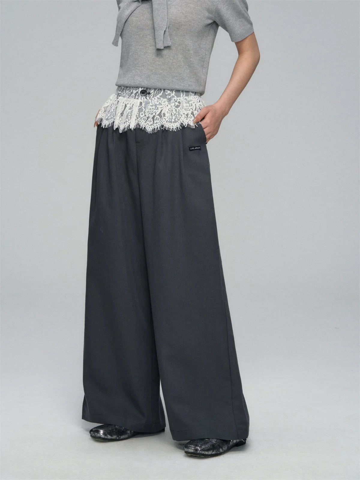 Waistband Lace-spliced Faux Two-piece Long Pants