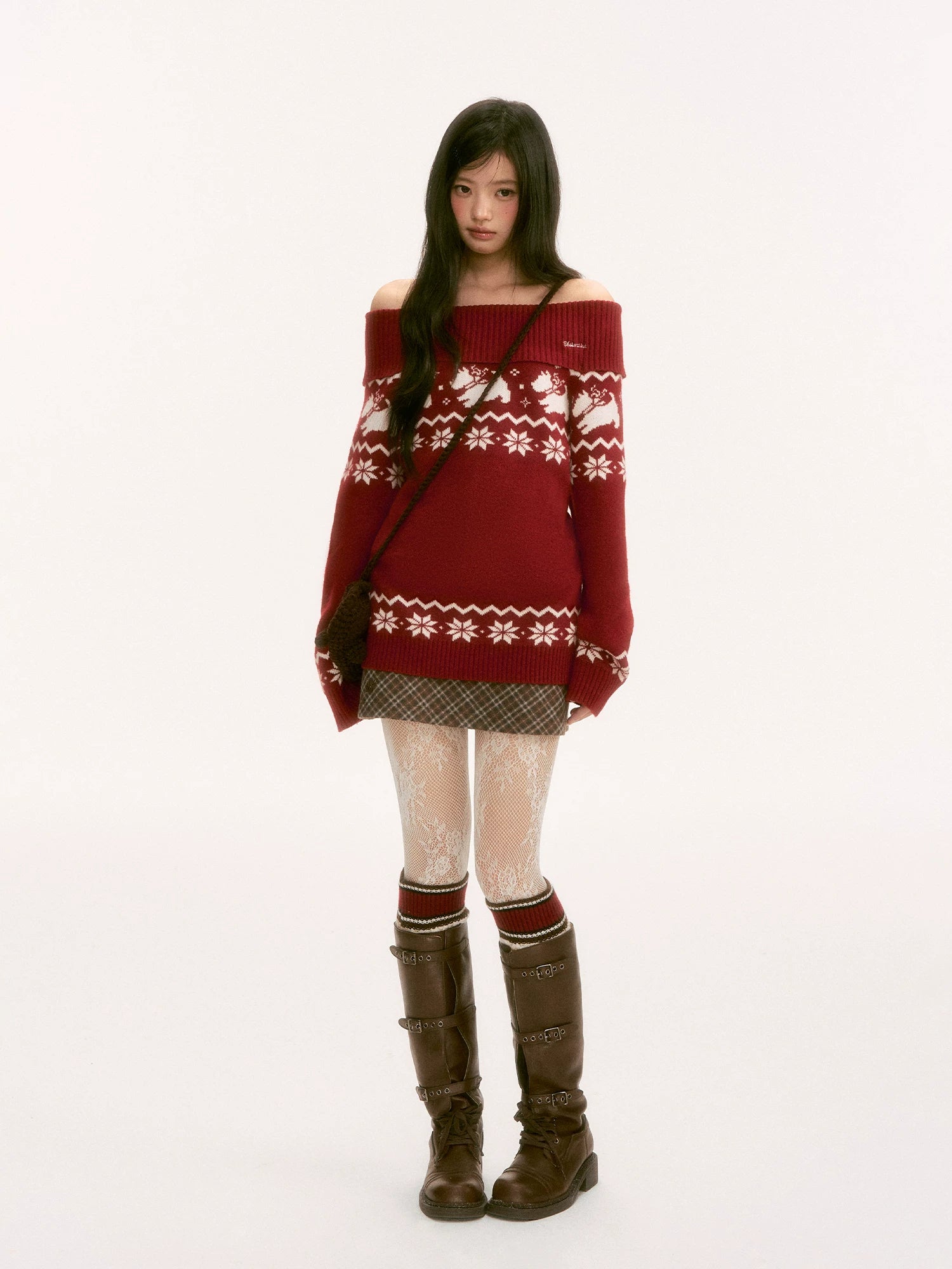Red Fair Isle Off-Shoulder Knit Top