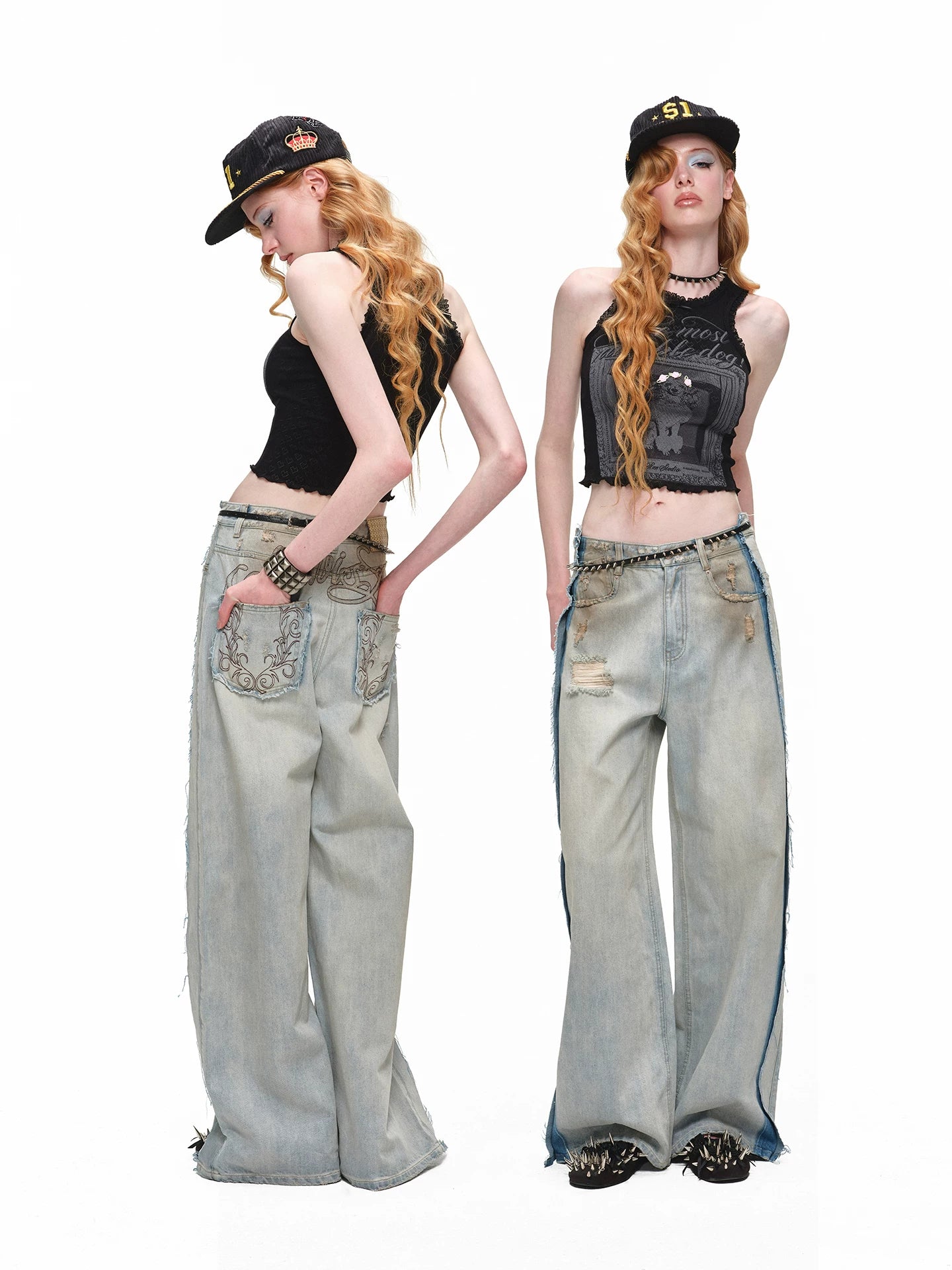 Distressed Curved Denim Pants
