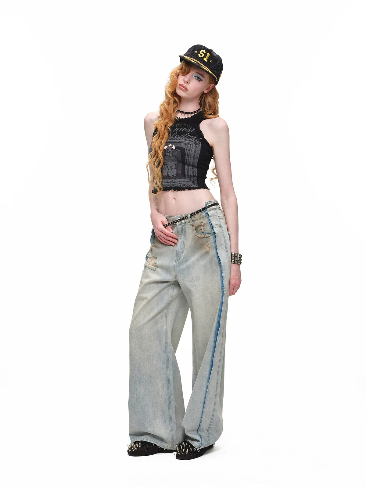 Distressed Curved Denim Pants
