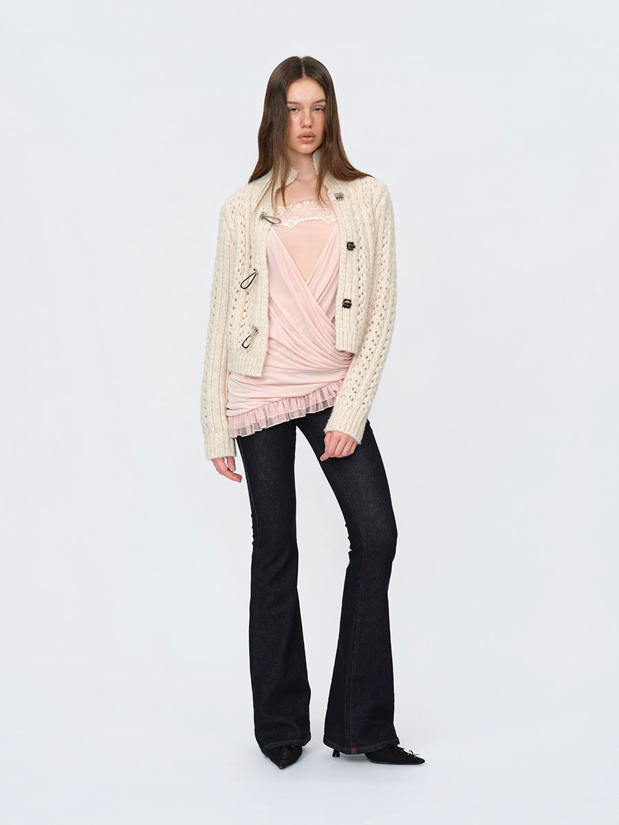 Pink Paneled Ruched Mock-Two-Piece Blouse