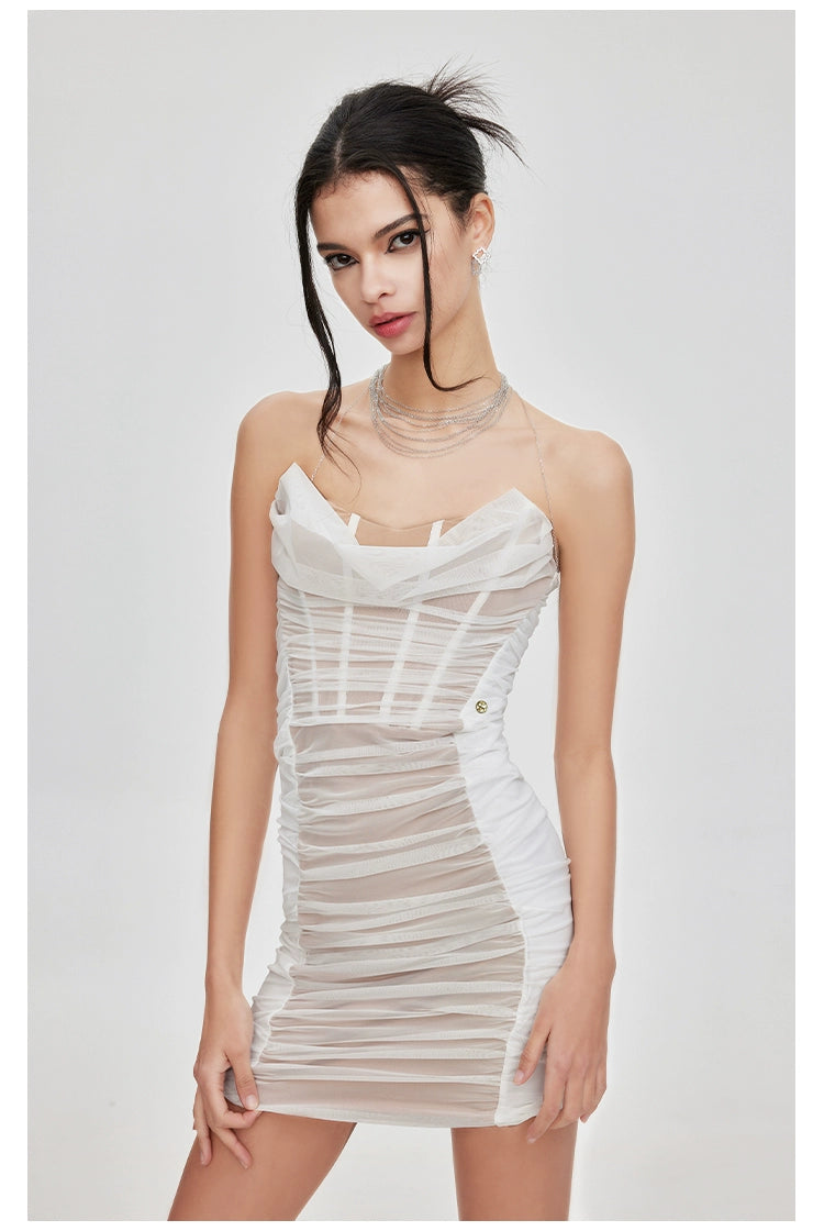 Mesh Ruched Strapless Dress