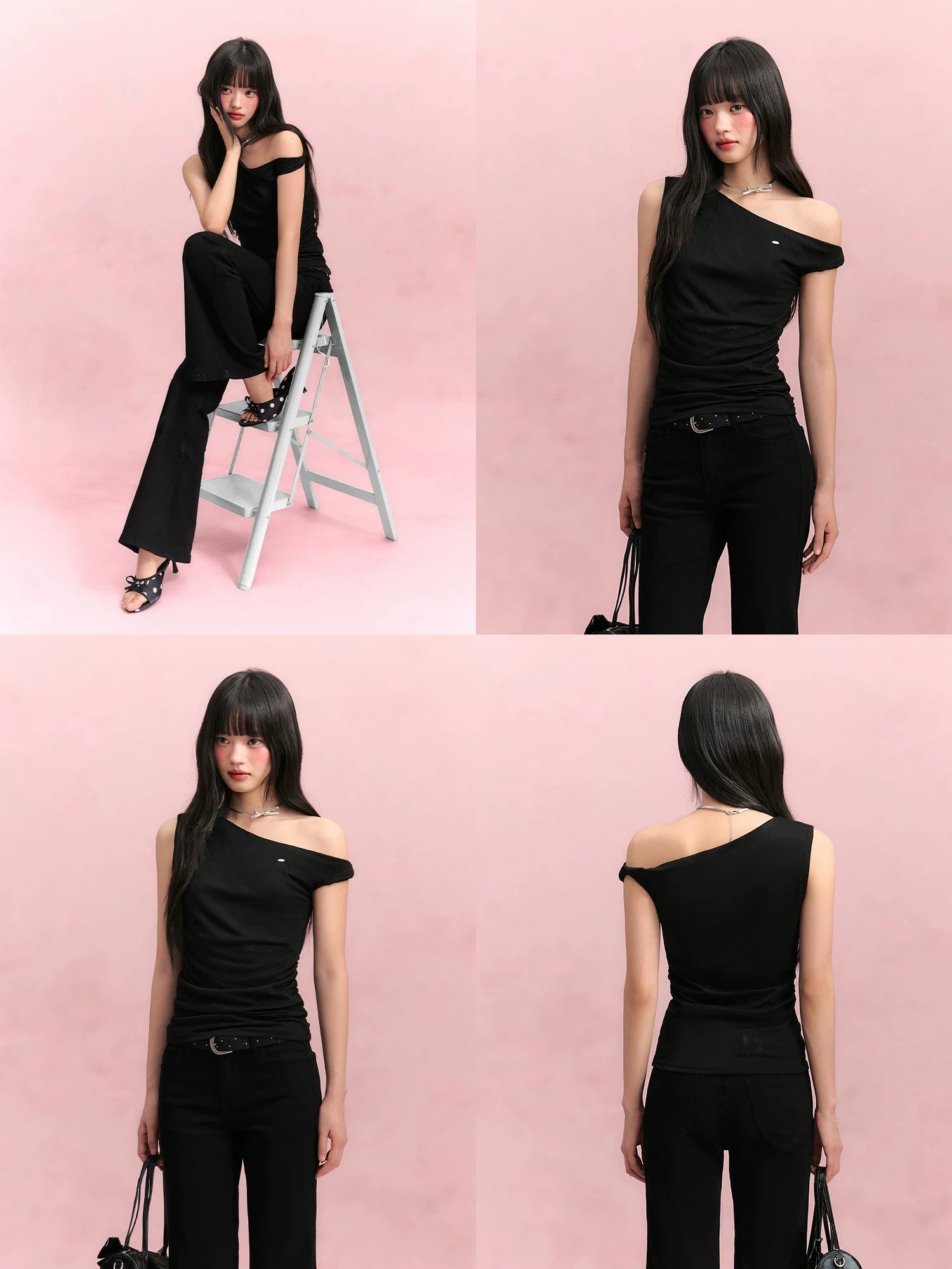 Black Asymmetric Shoulder Top