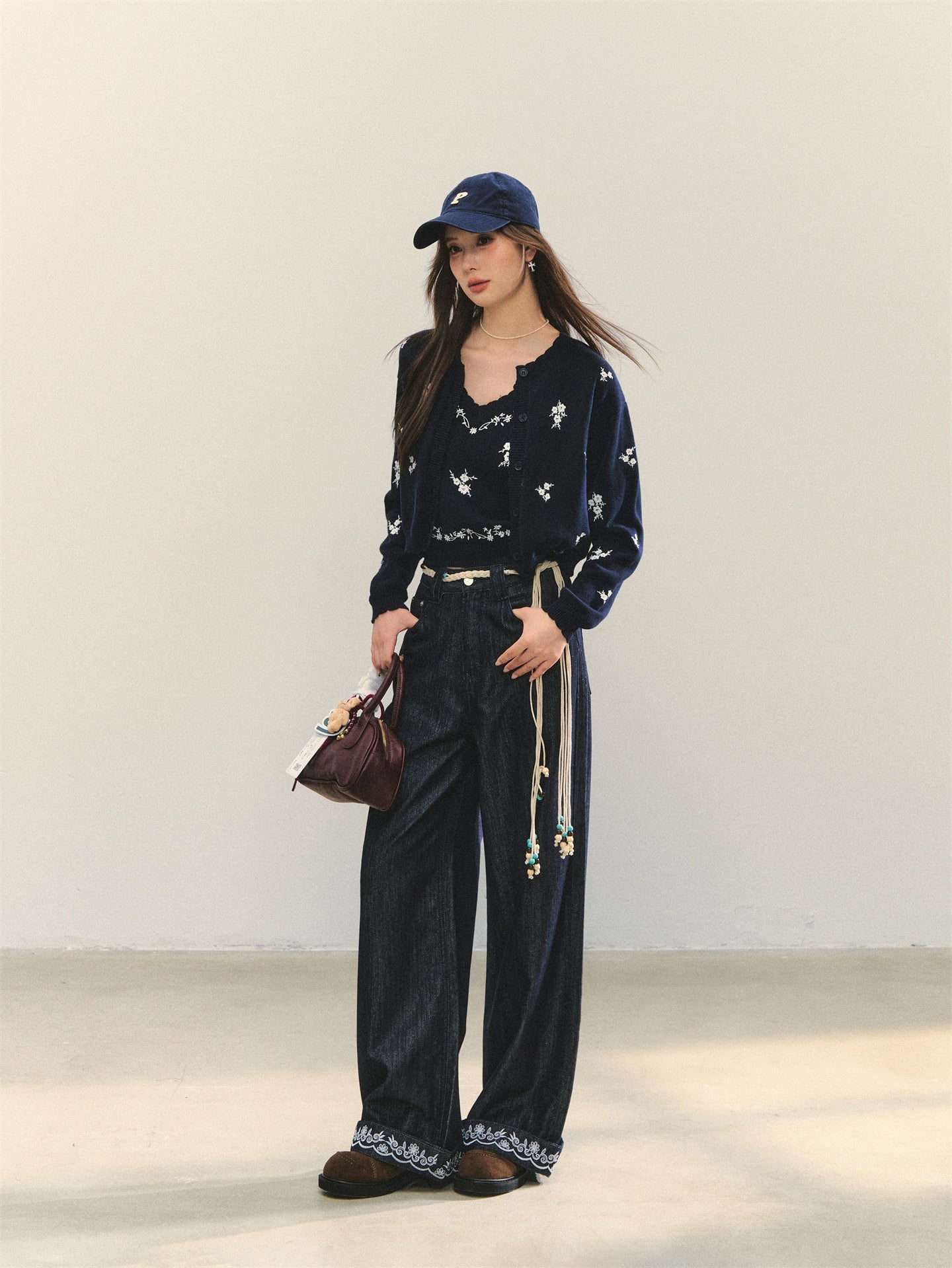 Navy Floral Embroidered Cardigan & Camisole Set
