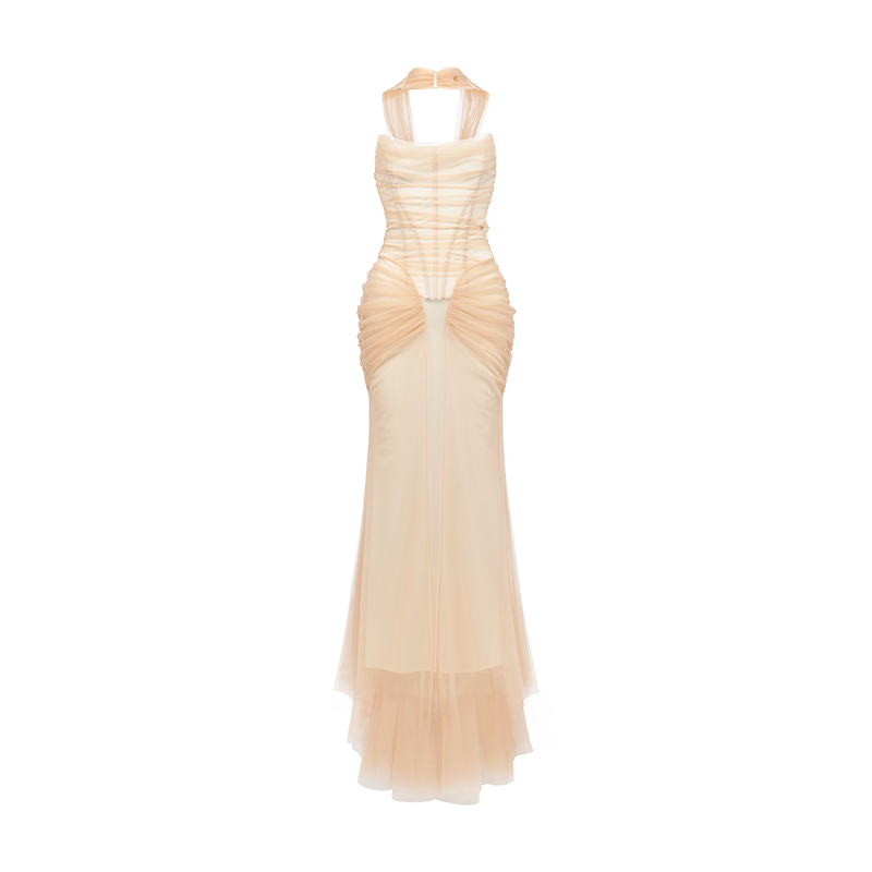 Black & Apricot Tulle Ruffled Slim-fit Strapless Dress