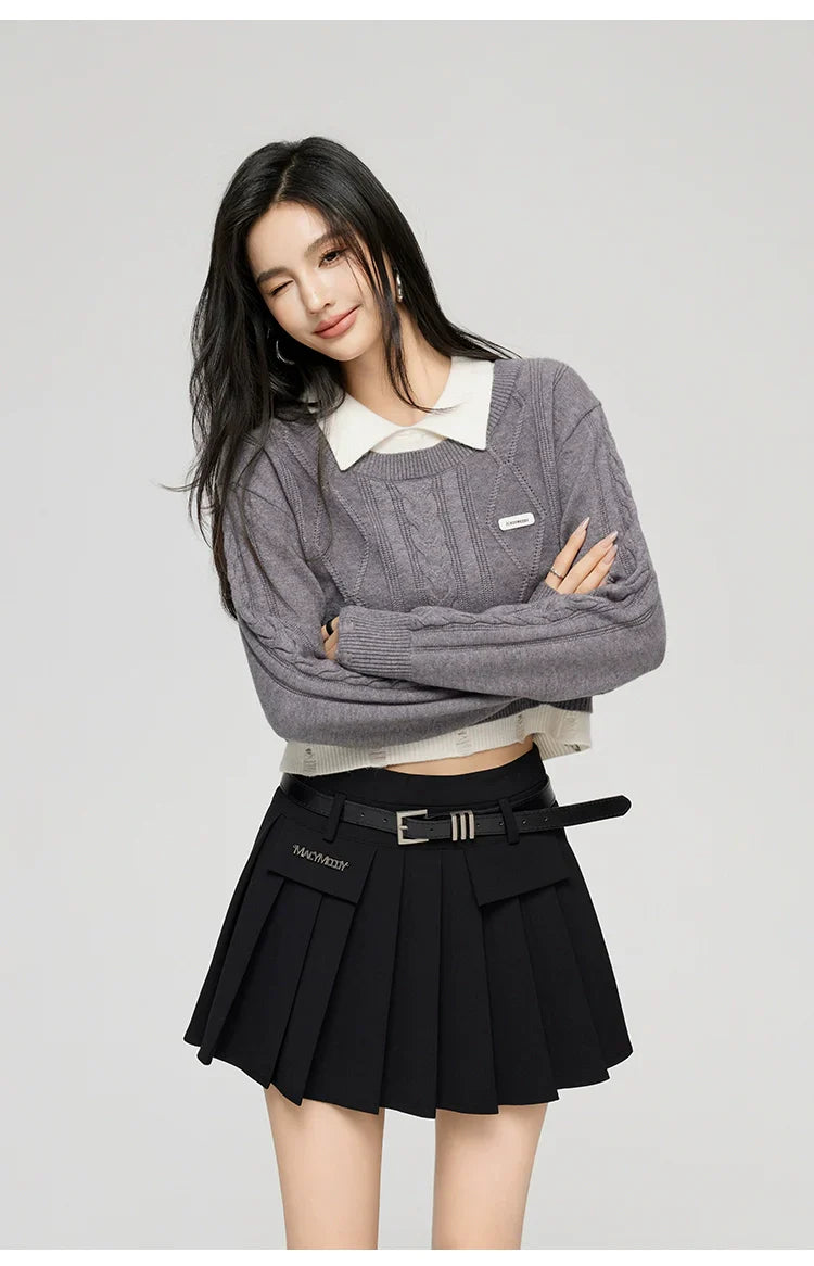 Yellow & Gray 2-in-1 Frayed-edge Sweater