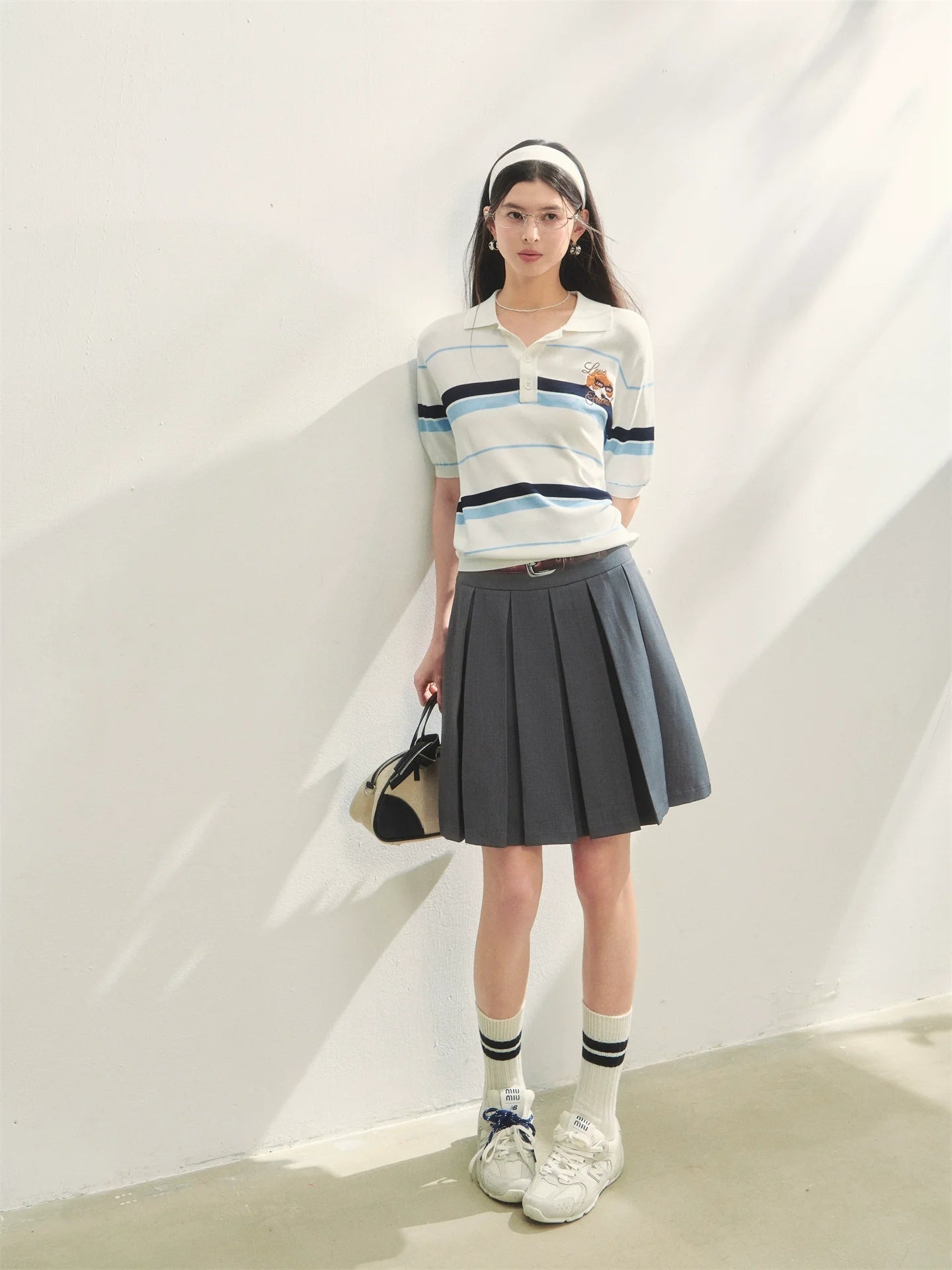 Fake Two-piece Printed Belted Pleated Skirt