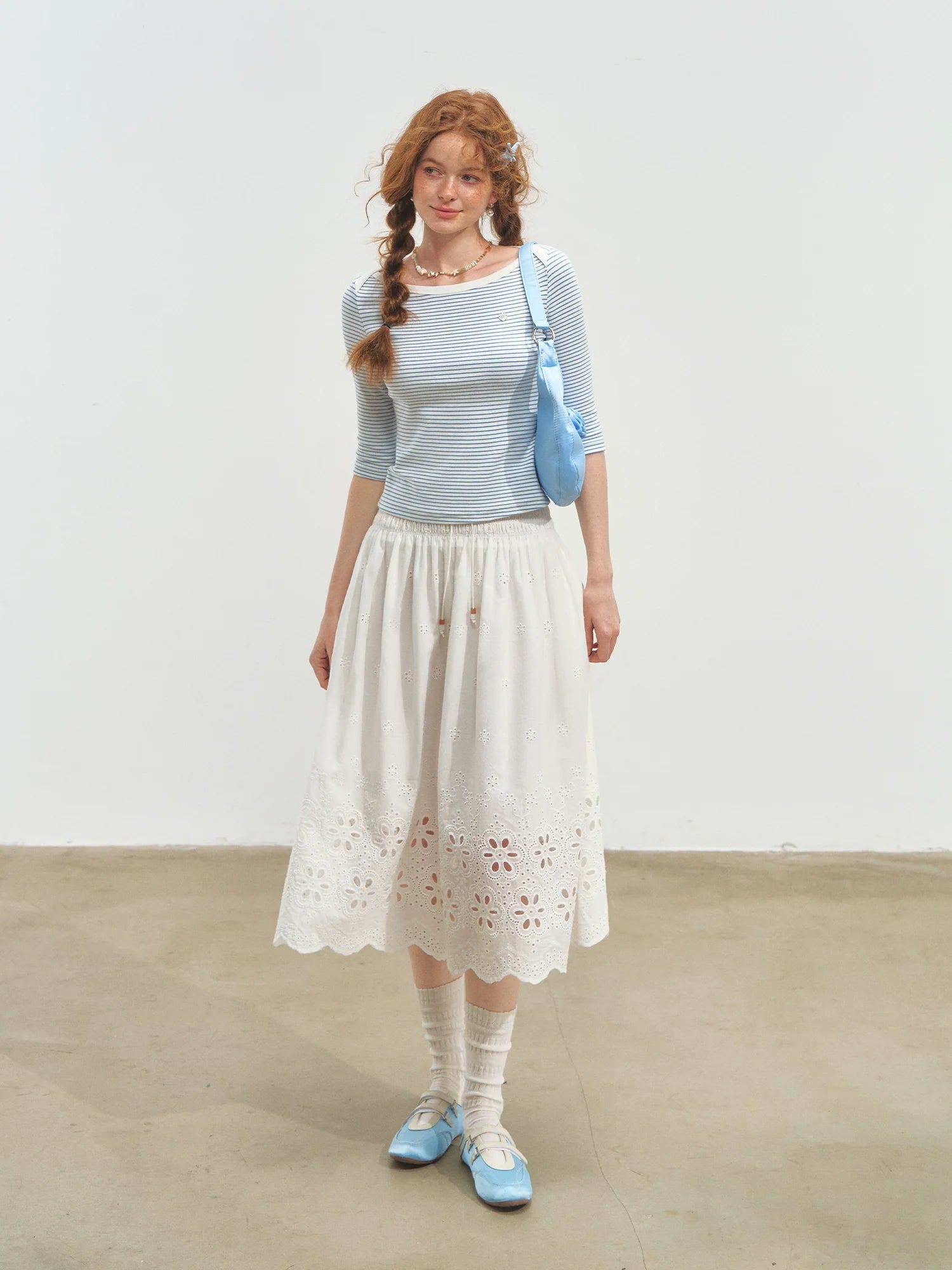 Envelope Neck Mid-sleeve Striped T-Shirt