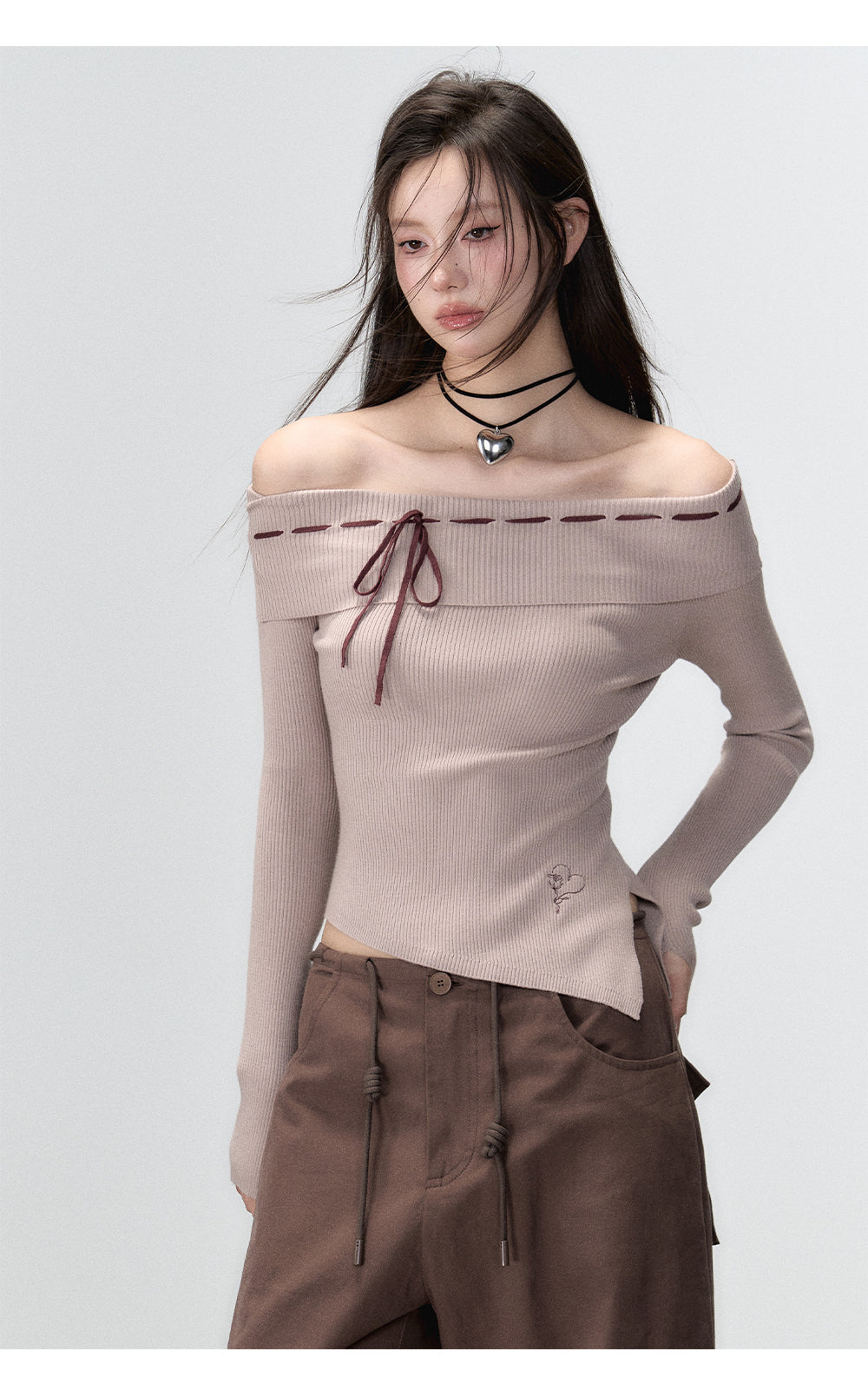 Black & Brown Off-shoulder Knitted Long Sleeve T-shirt