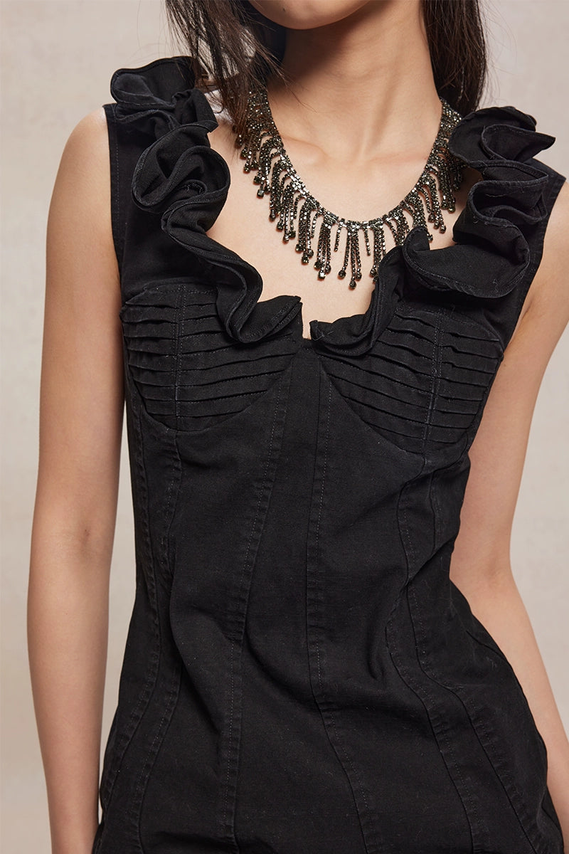 Black Ruffled V-neck Denim Dress