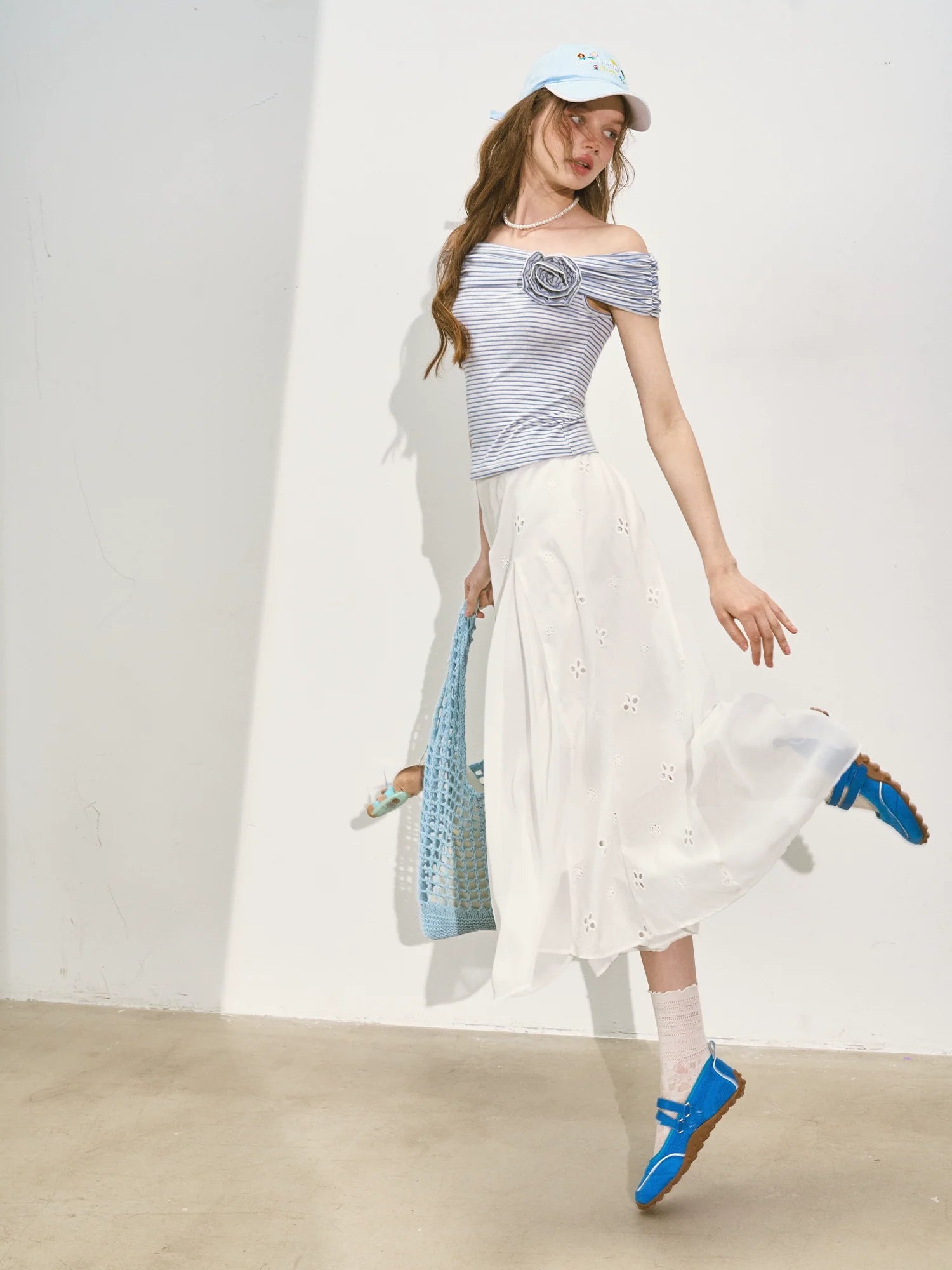 Striped Off - Shoulder Rose T - shirt