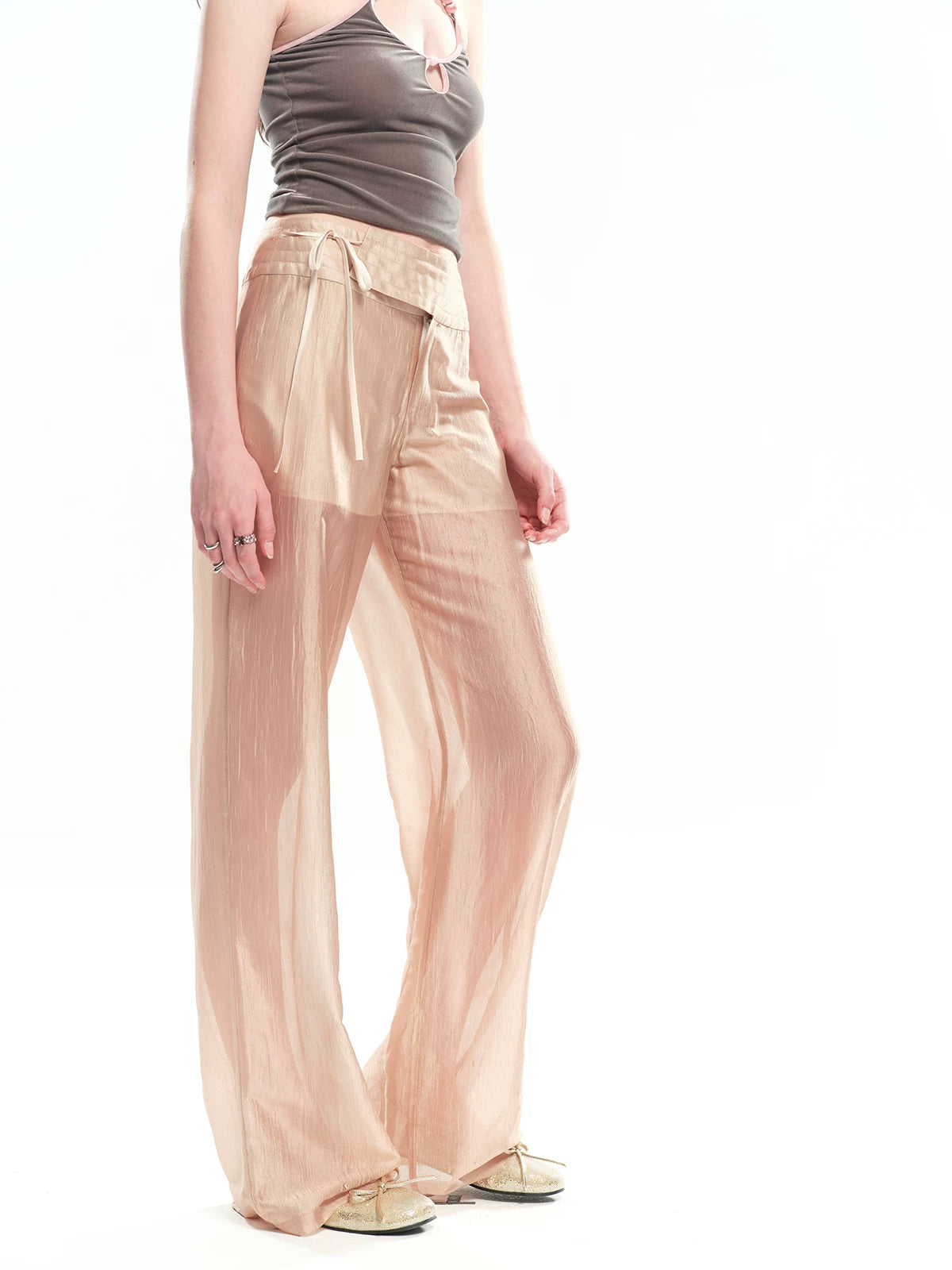 Champagne Acetate Sheer Straight Pants