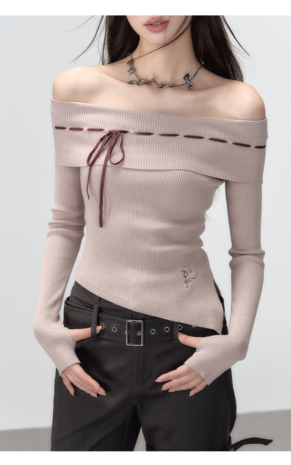 Black & Brown Off-shoulder Knitted Long Sleeve T-shirt