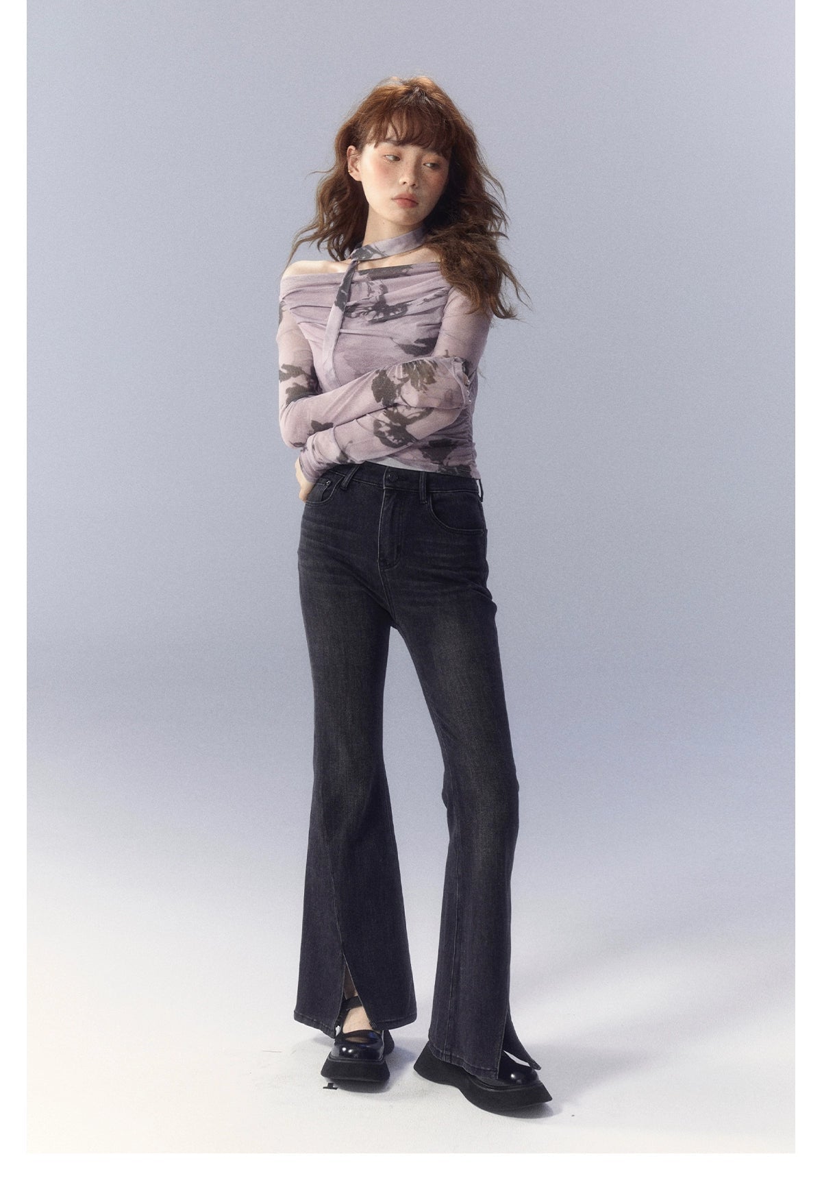 Purple Rose Printed Mesh Long Sleeve T-shirt