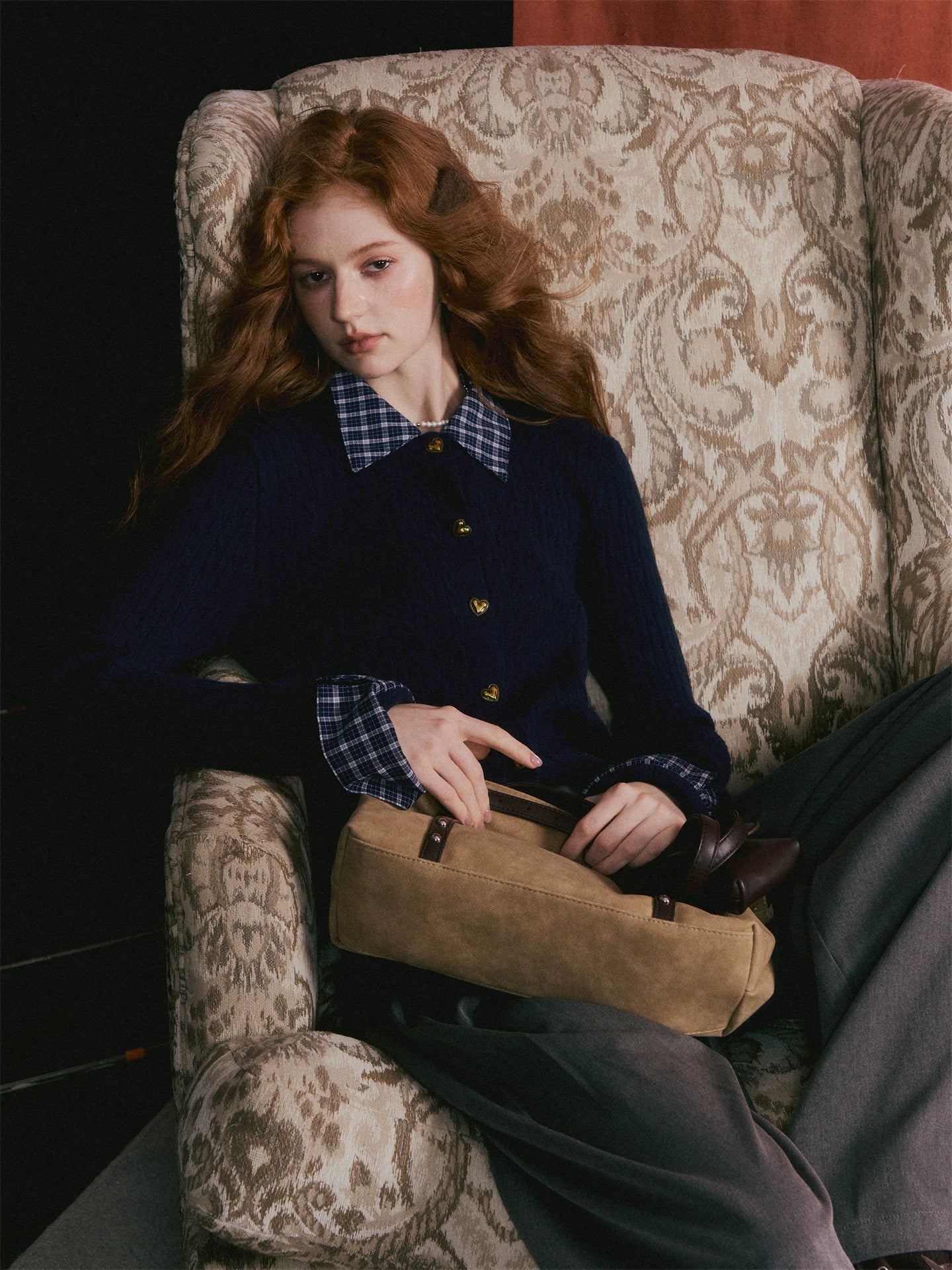 Plaid-Collar Cable Knit Top