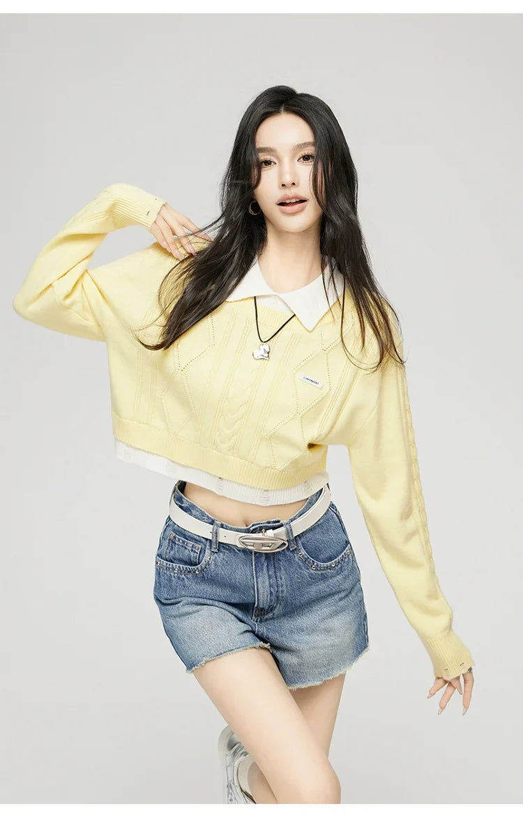 Yellow & Gray 2-in-1 Frayed-edge Sweater