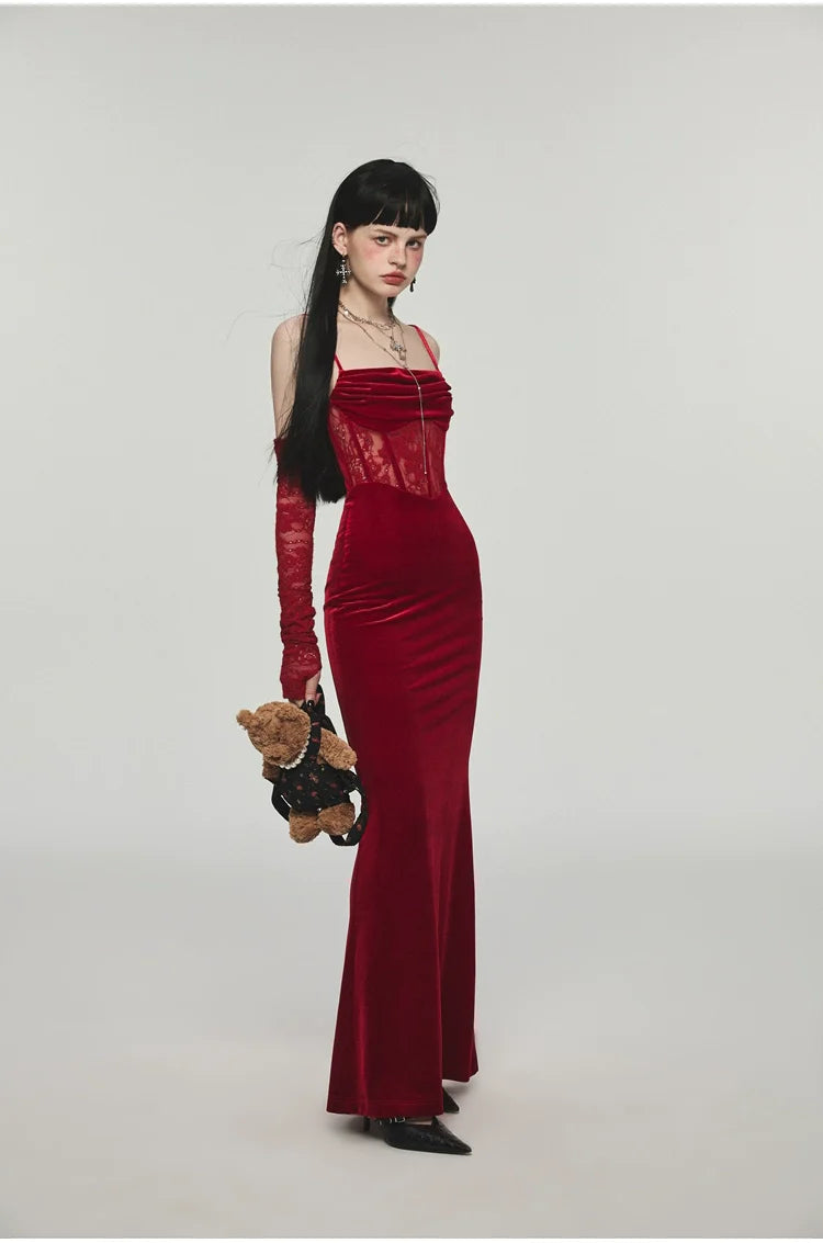 Mermaid Strap Long Velvet Bodycon Dress