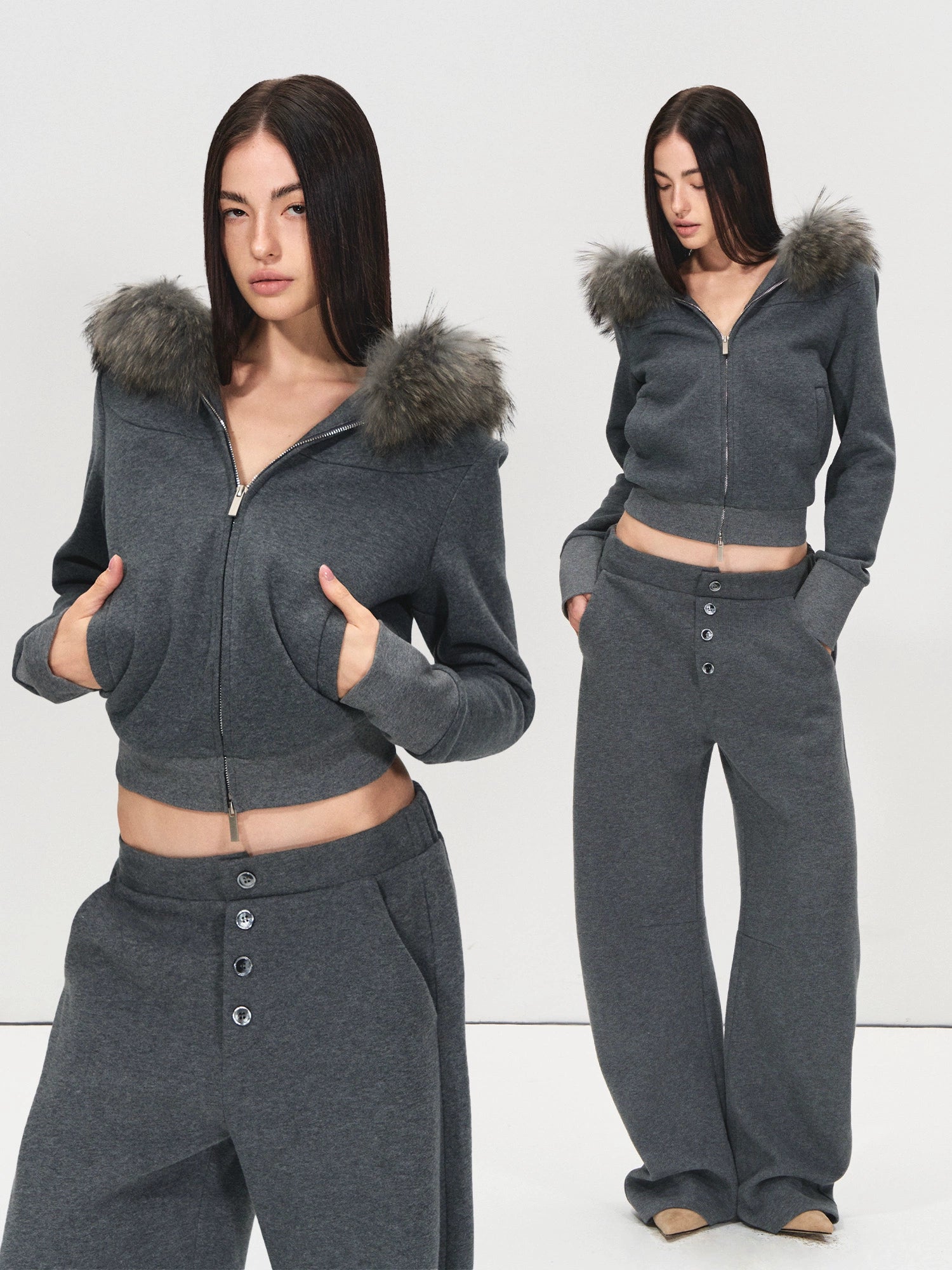 Detachable Fur Collar Hoodie & Sweatpants Set