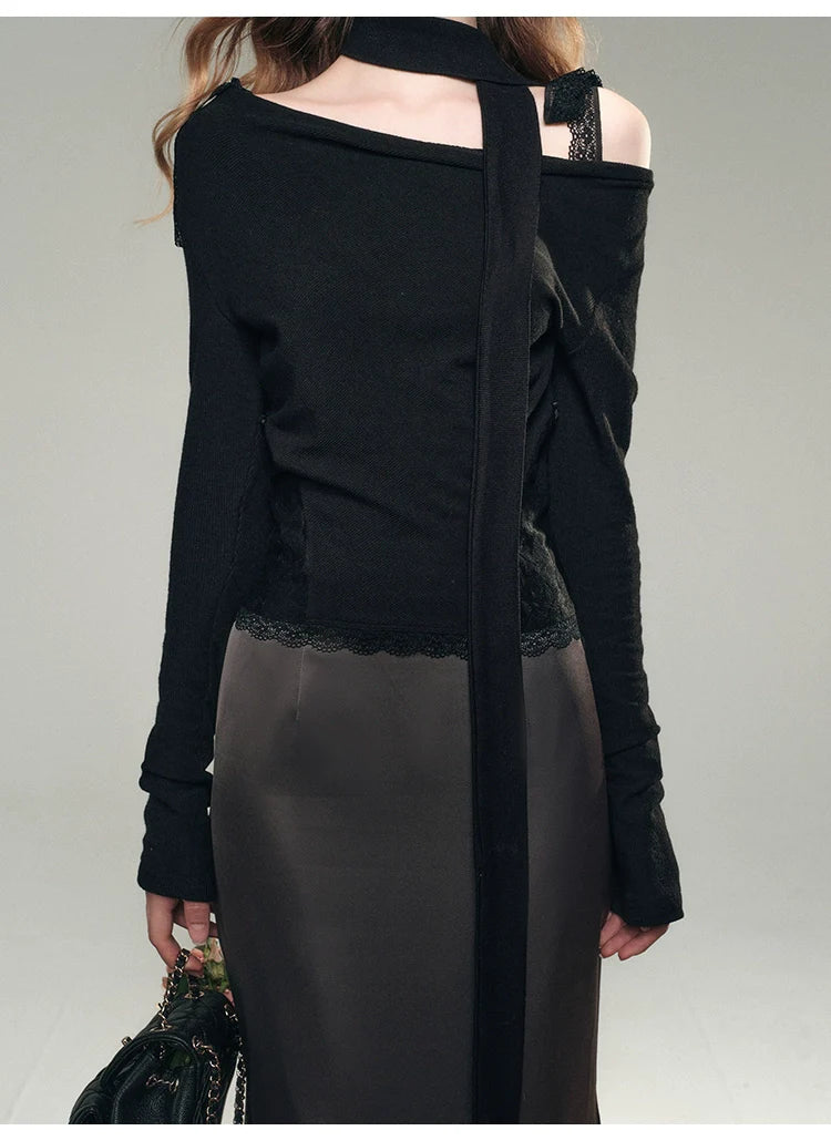 White& Black Off-Shoulder Lace Knit Crewneck