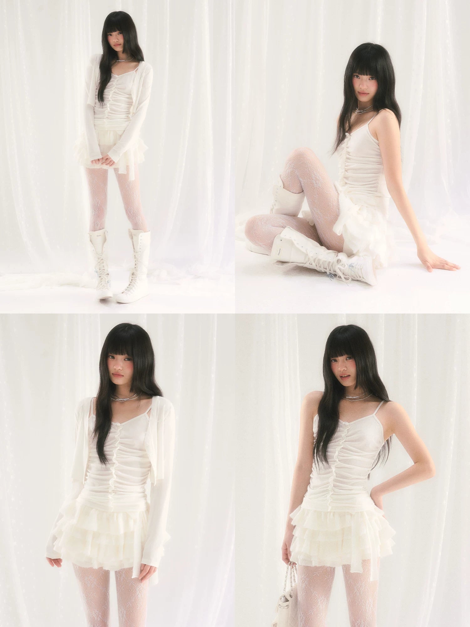 White Ruched Cami & Cardigan Set
