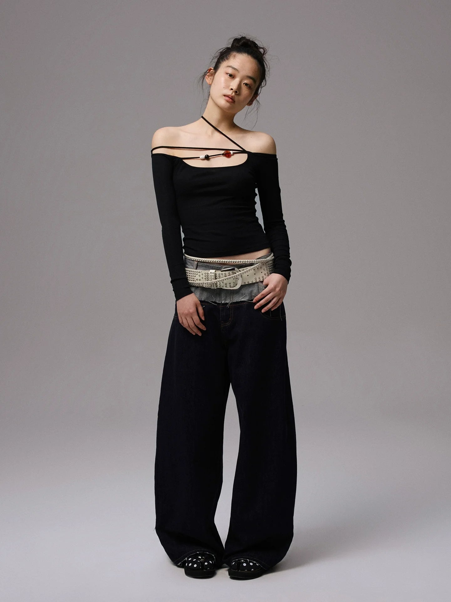 Double Waistband Raw Denim Wide-Leg Jeans