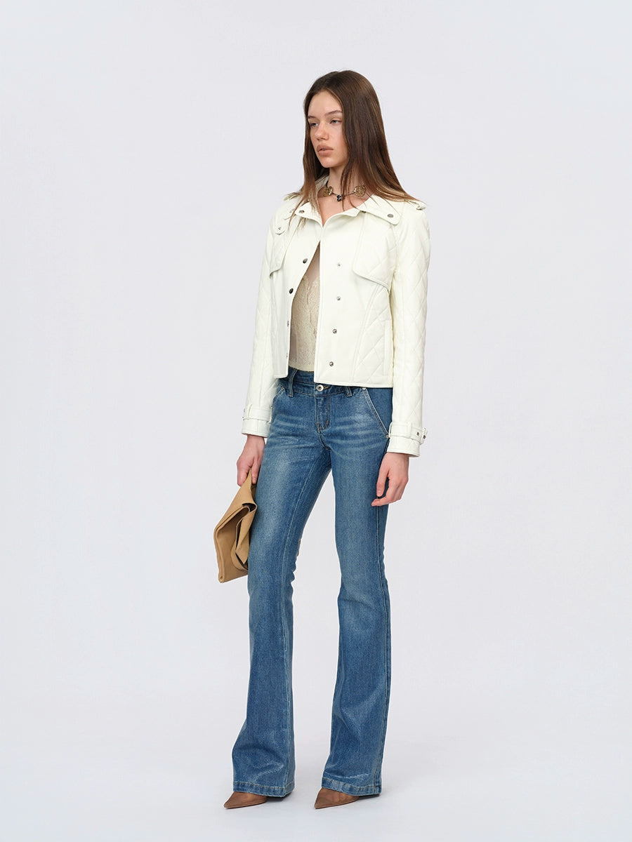 White Paneled Fitted Faux-Leather Jacket