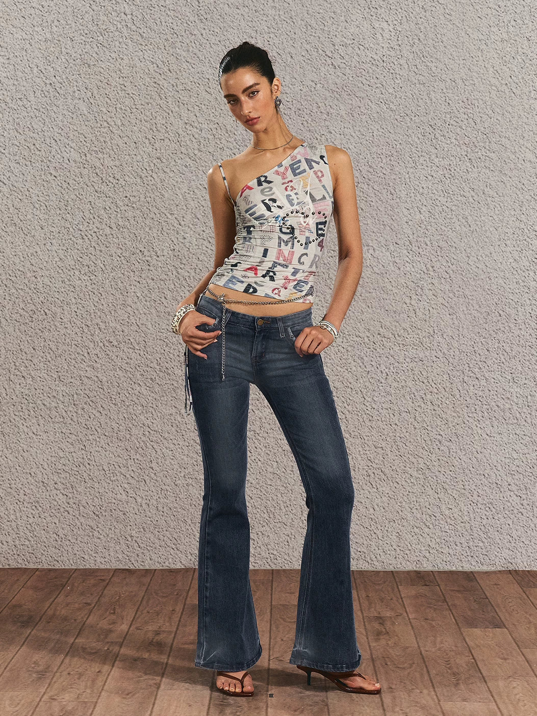 Vintage Print One-Shoulder Crop Top
