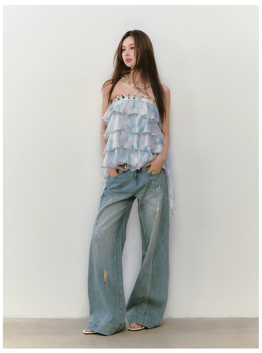 Rhinestone Double-Waistband Straight-Leg Jeans