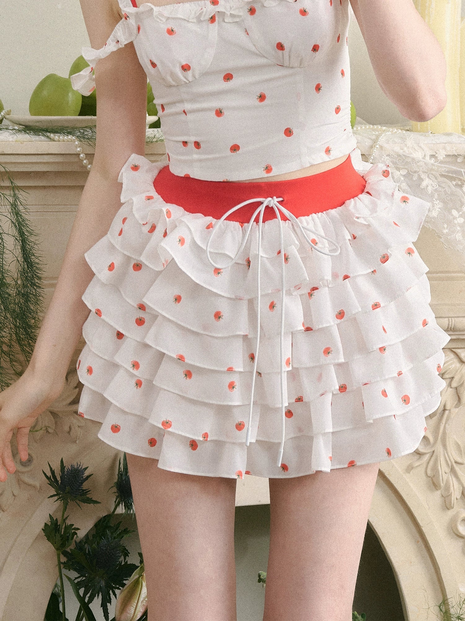 White Tomato Print Layered Skirt