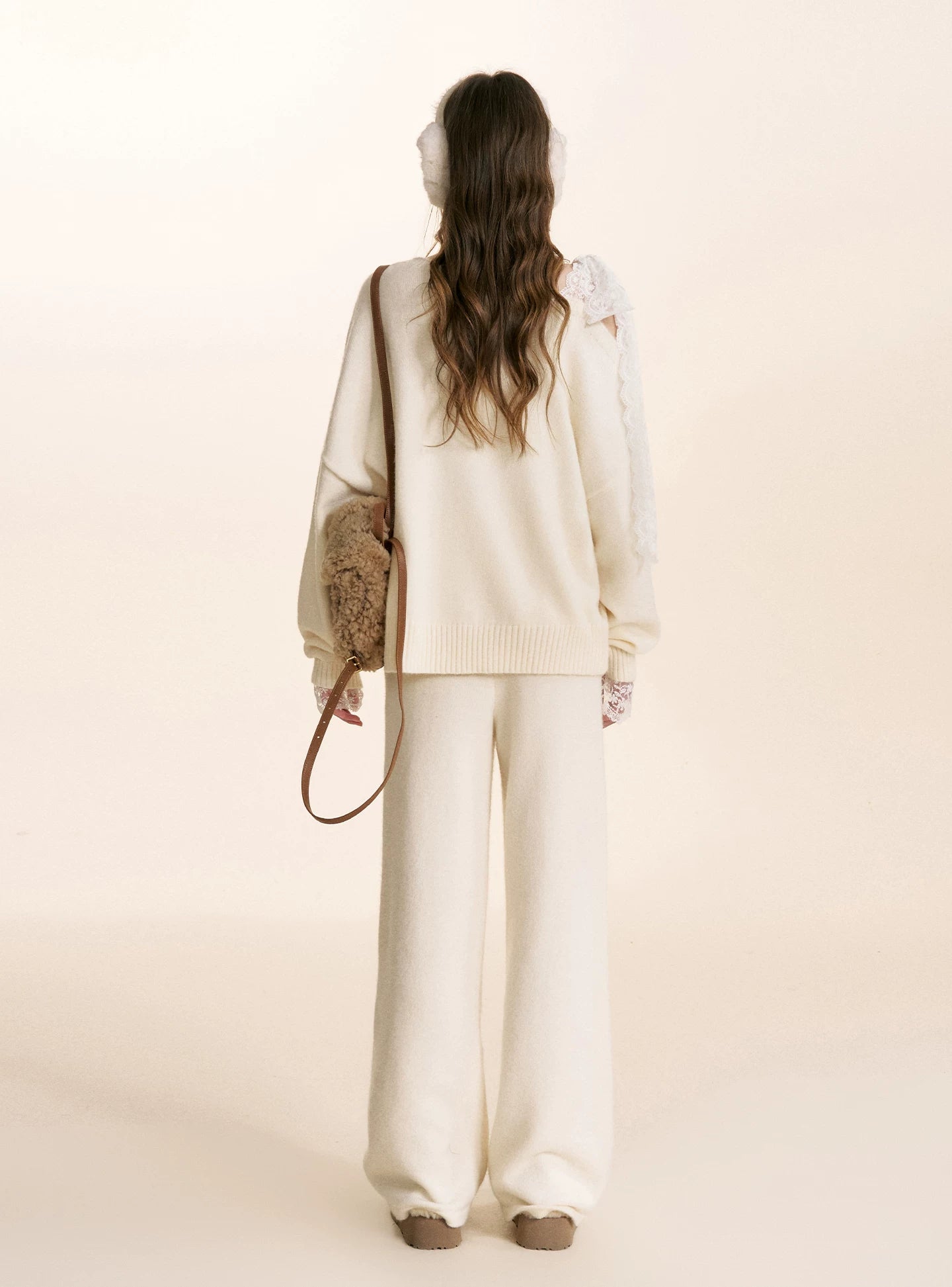 Gray & Apricot Lace-Tie Knit Set