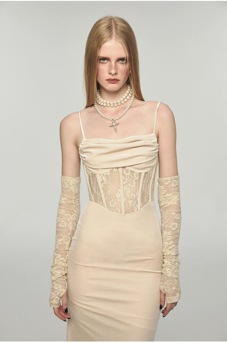 Fishbone Strap Long Velvet Bodycon Dress