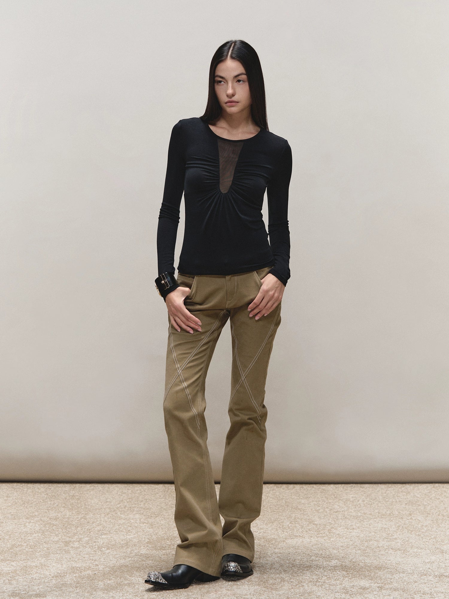 Tencel Ruched Mesh V-Neck Top