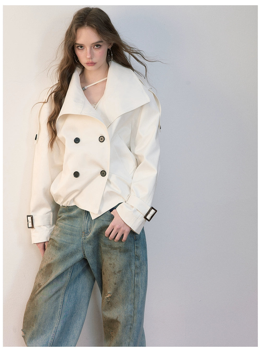 Vintage Pleated Stand Collar Jacket