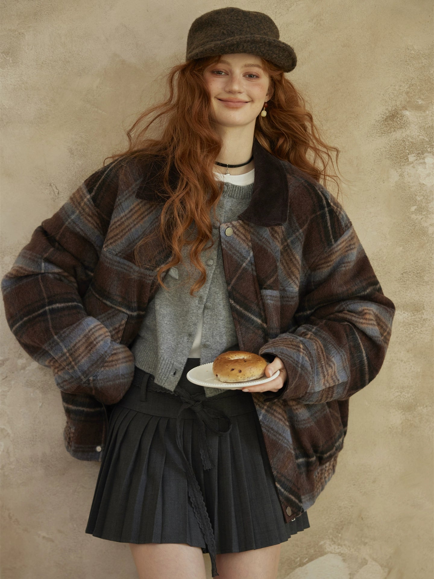 Plaid Wool-Blend Lapel Jacket