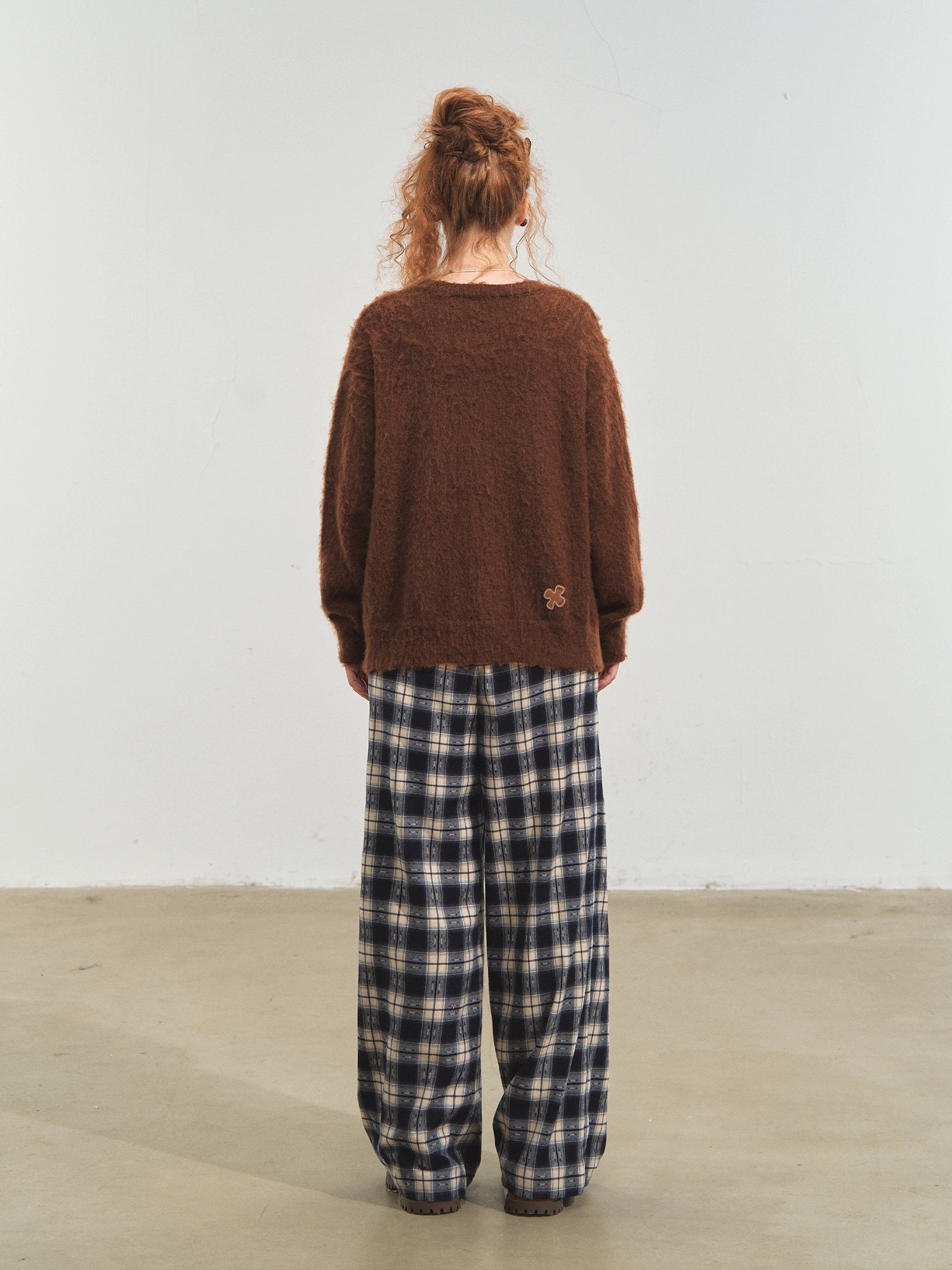 Blue Relaxed Plaid Wide-Leg Pants