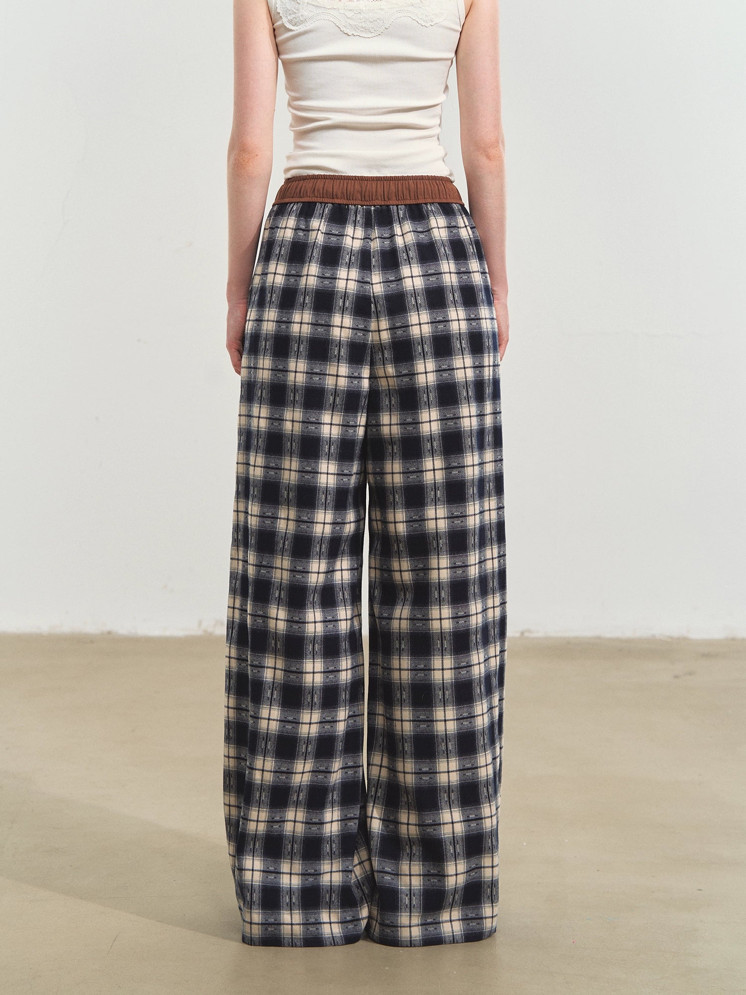 Blue Relaxed Plaid Wide-Leg Pants