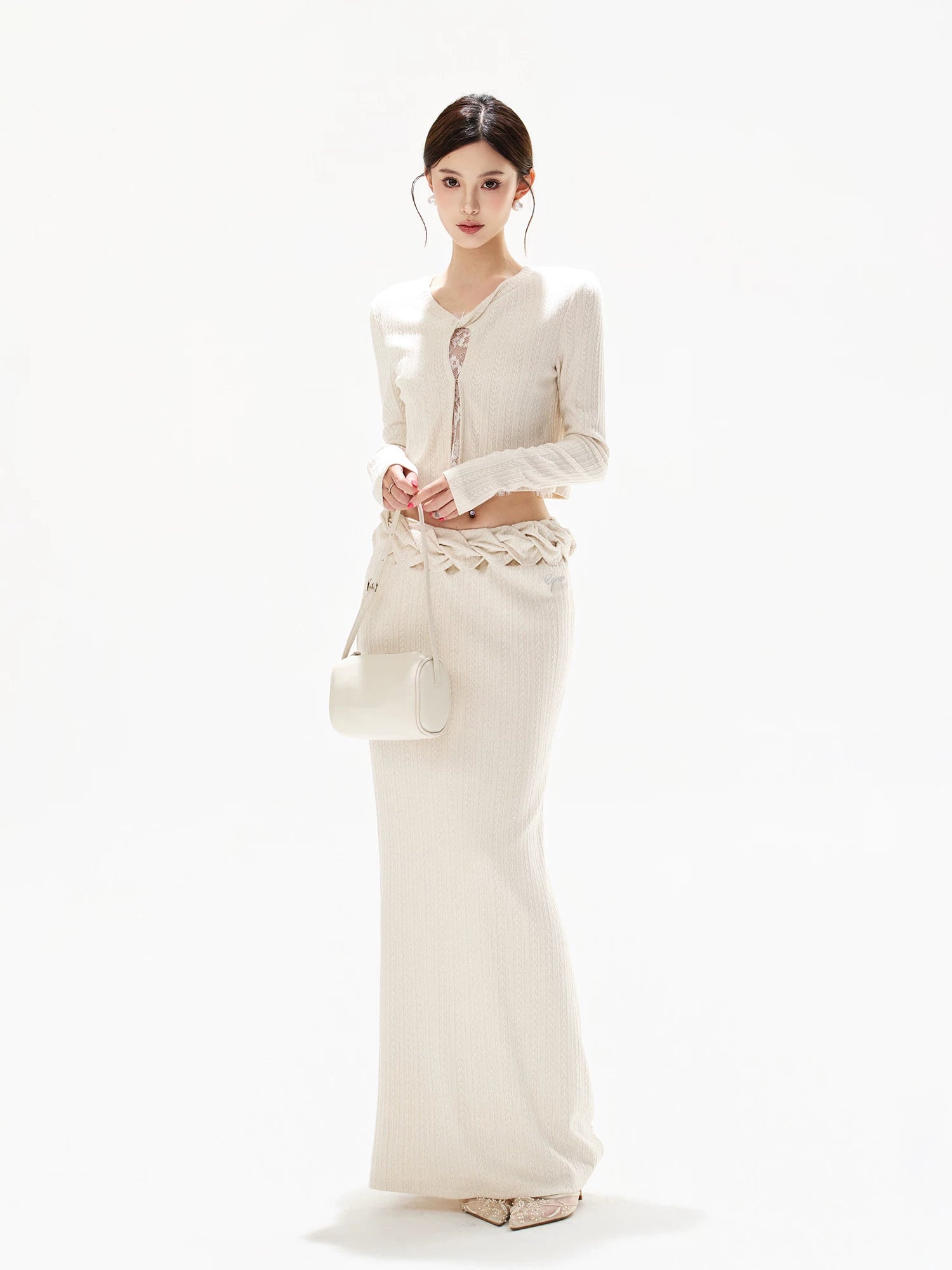 Apricot Lace Knit Blouse & Skirt Set