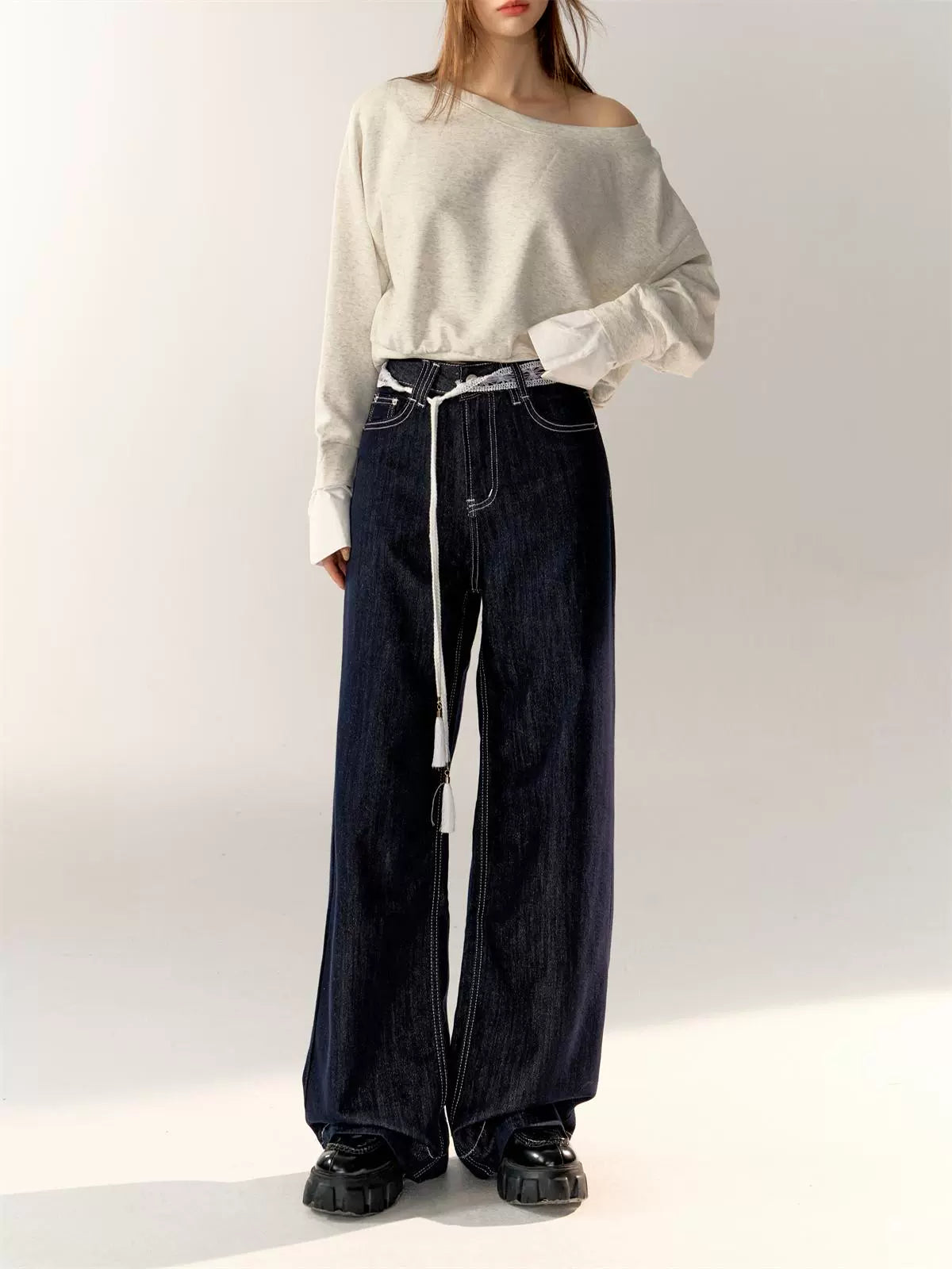 Dark Blue High-waist Wide-leg Pants