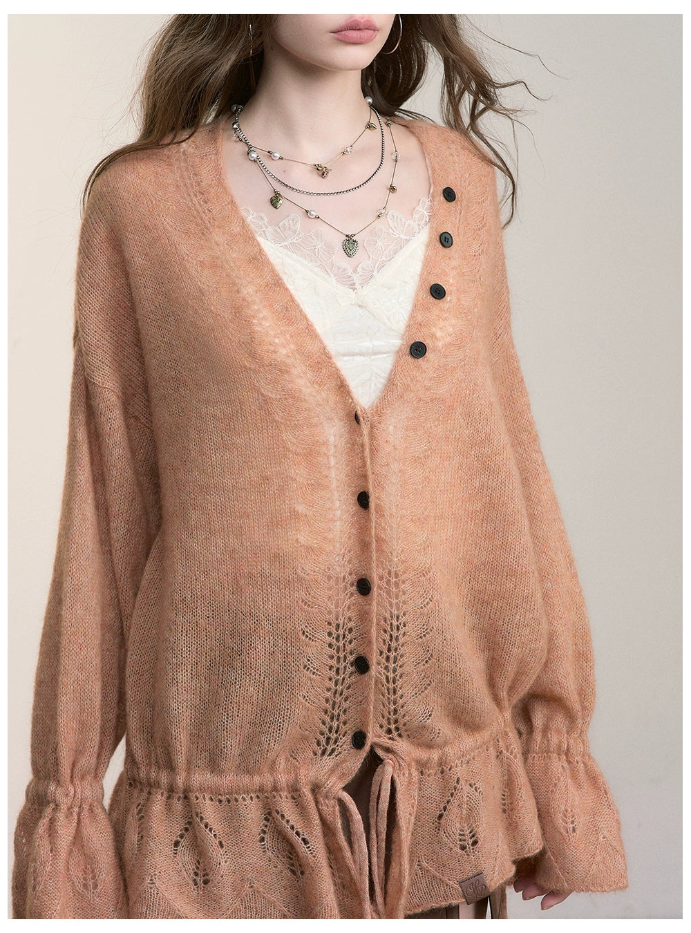 Brown & Off-white Drawstring Knit Cardigan