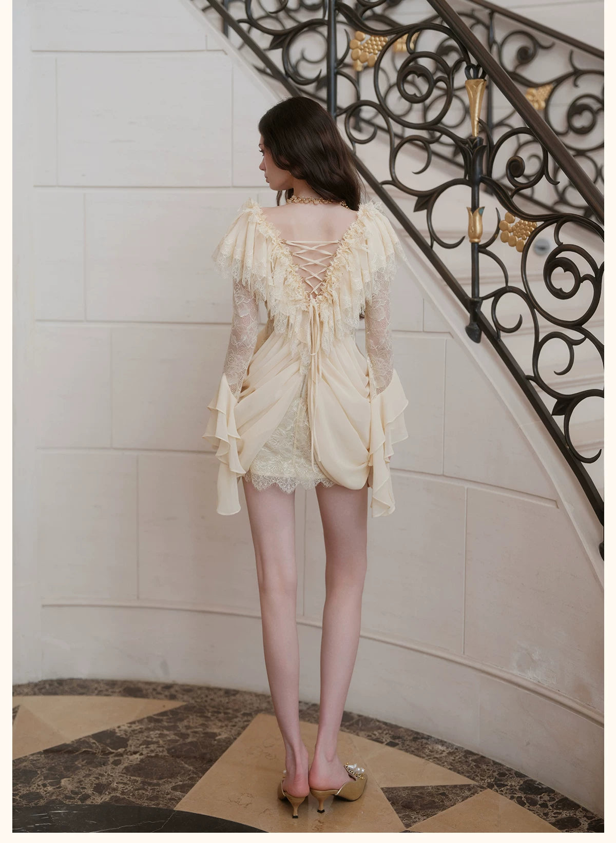 V-Neck Lace Pleated Dress