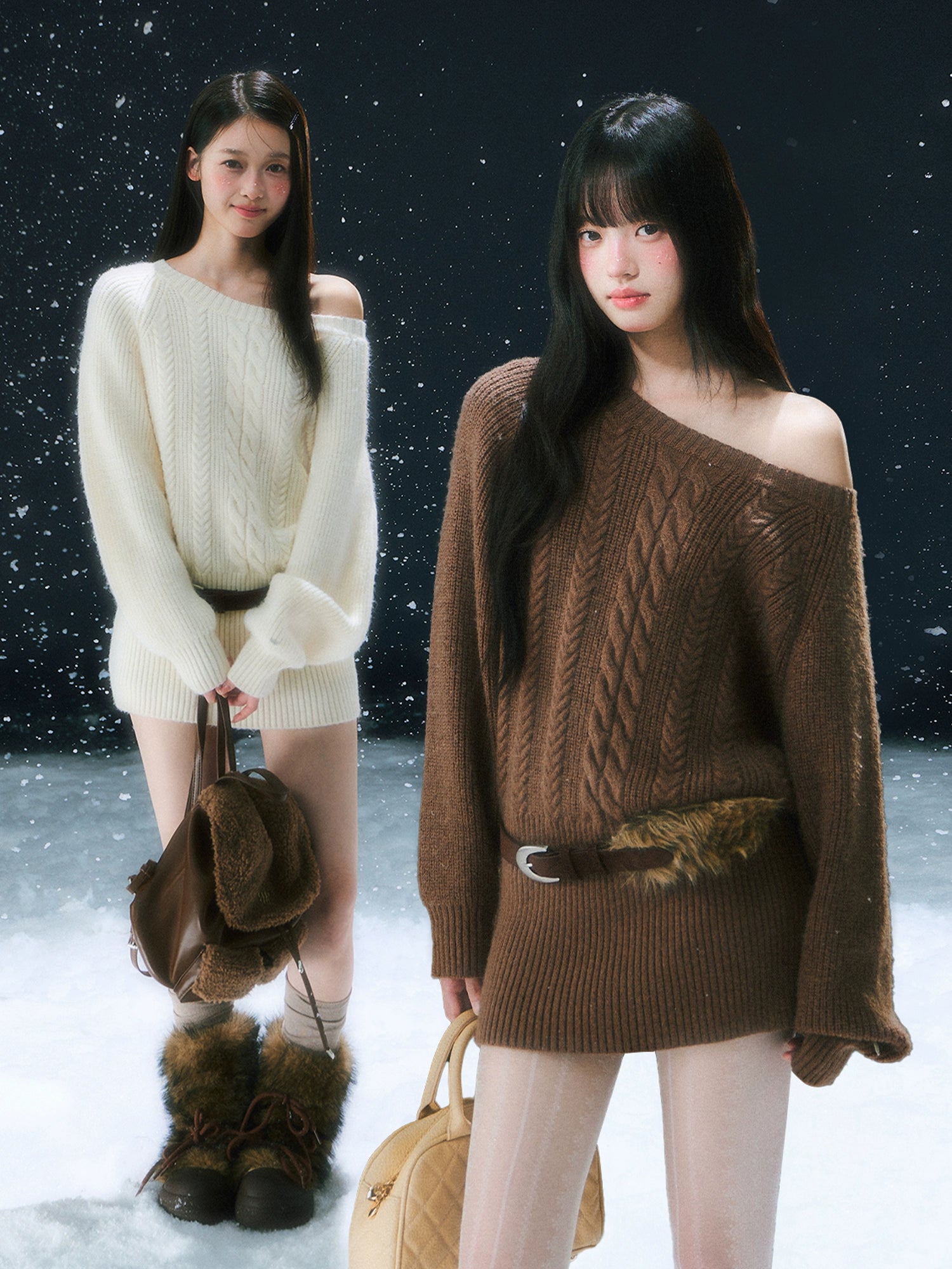 Coffee & Apricot Off-the-shoulder Belt Dress